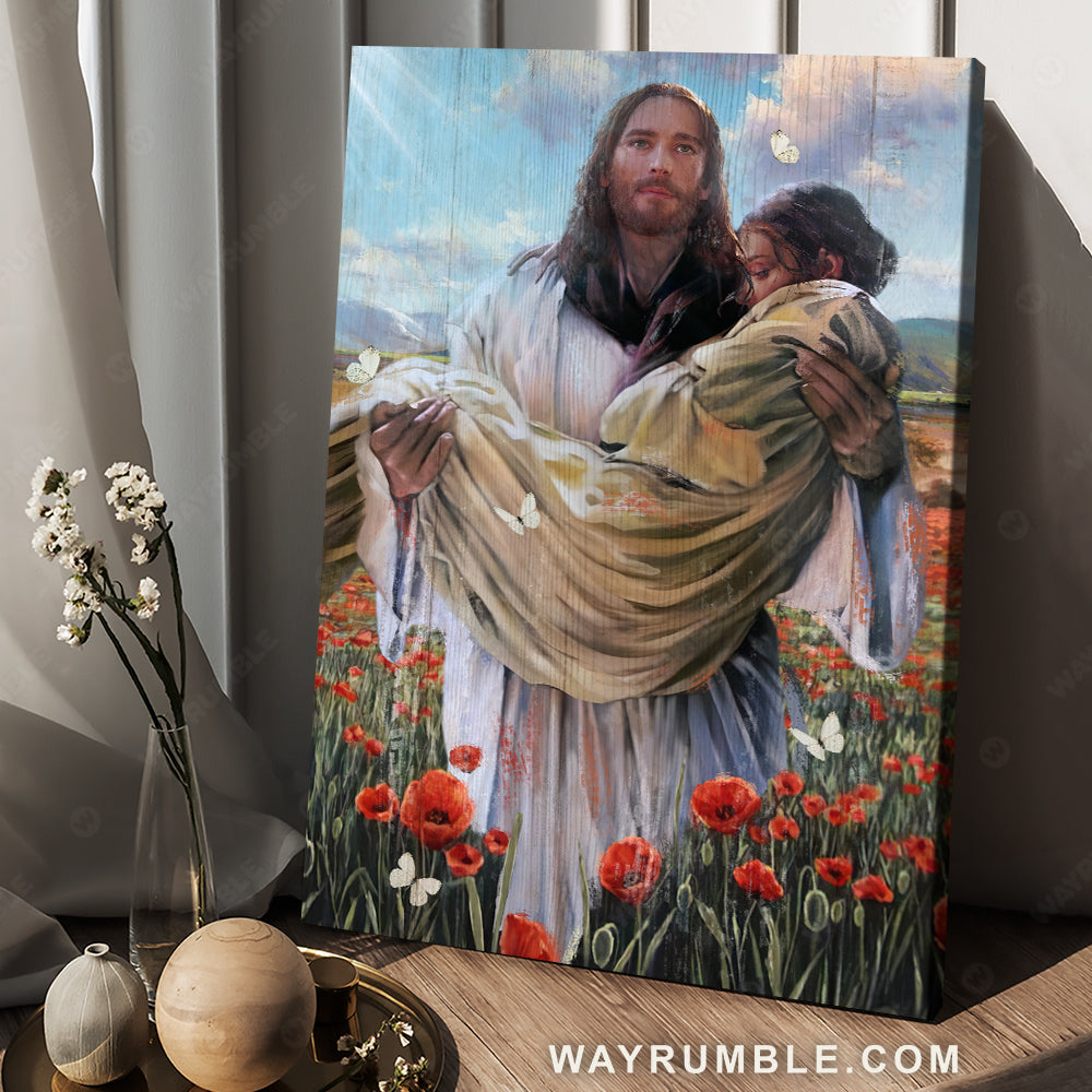 Beautiful lady, Red poppy field, White butterfly, Christ the redeemer - Jesus Portrait Canvas Prints, Christian Wall Art