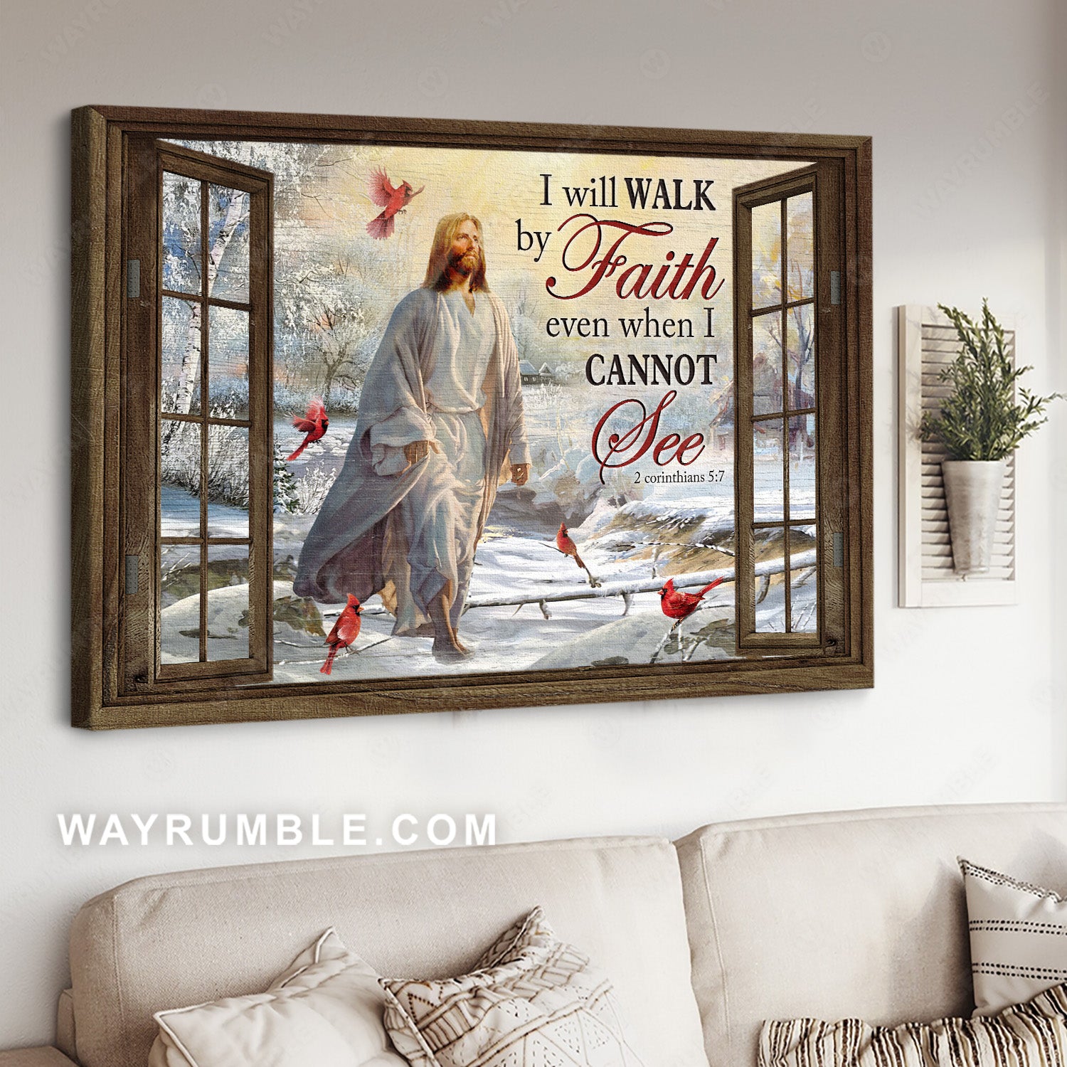 Beautiful snow valley, Jesus painting, Red cardinal, I will walk by faith - Jesus Landscape Canvas Prints, Christian Wall Art