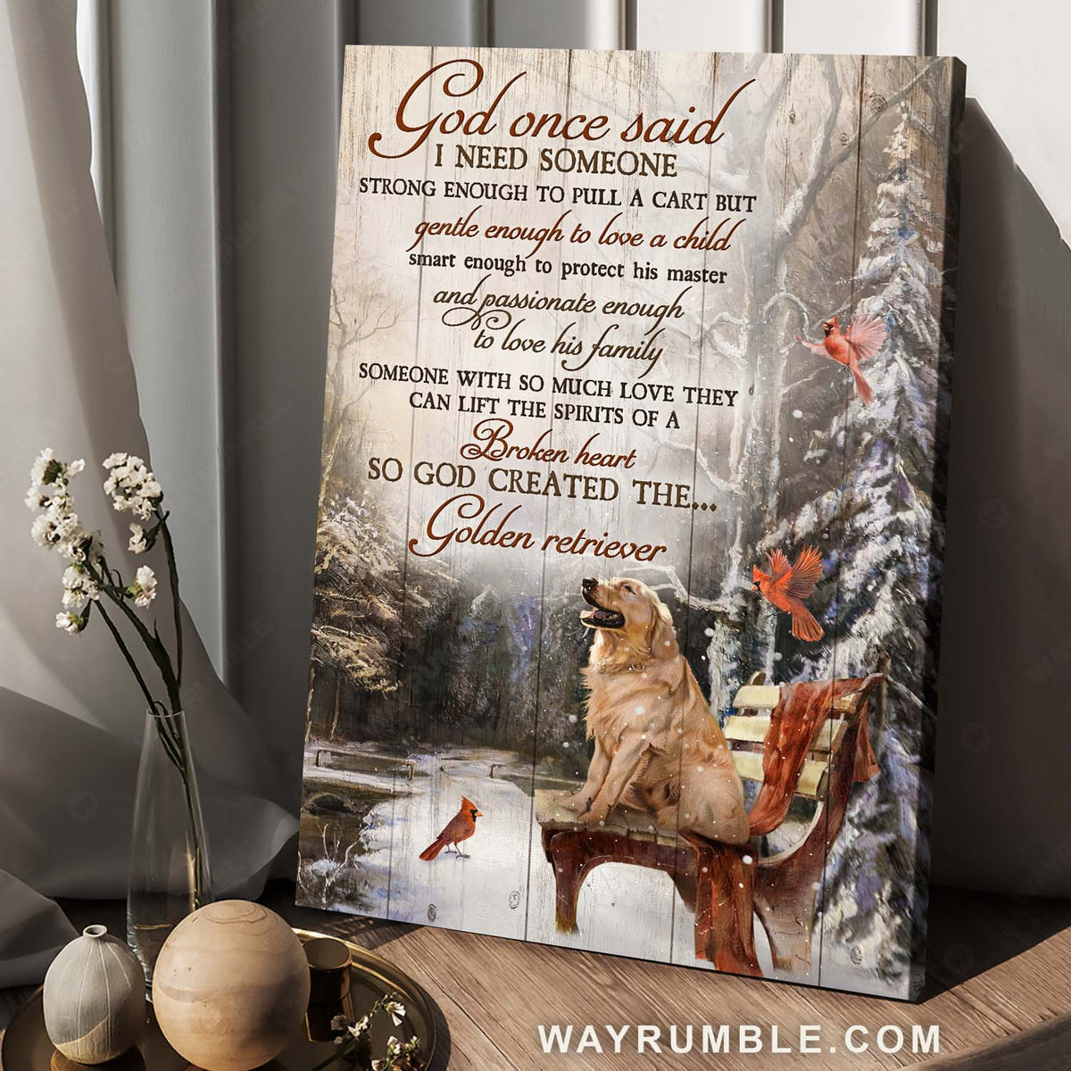 Golden Retriever, Red cardinal, Winter forest, God once said - Jesus Portrait Canvas Prints, Home Decor Wall Art