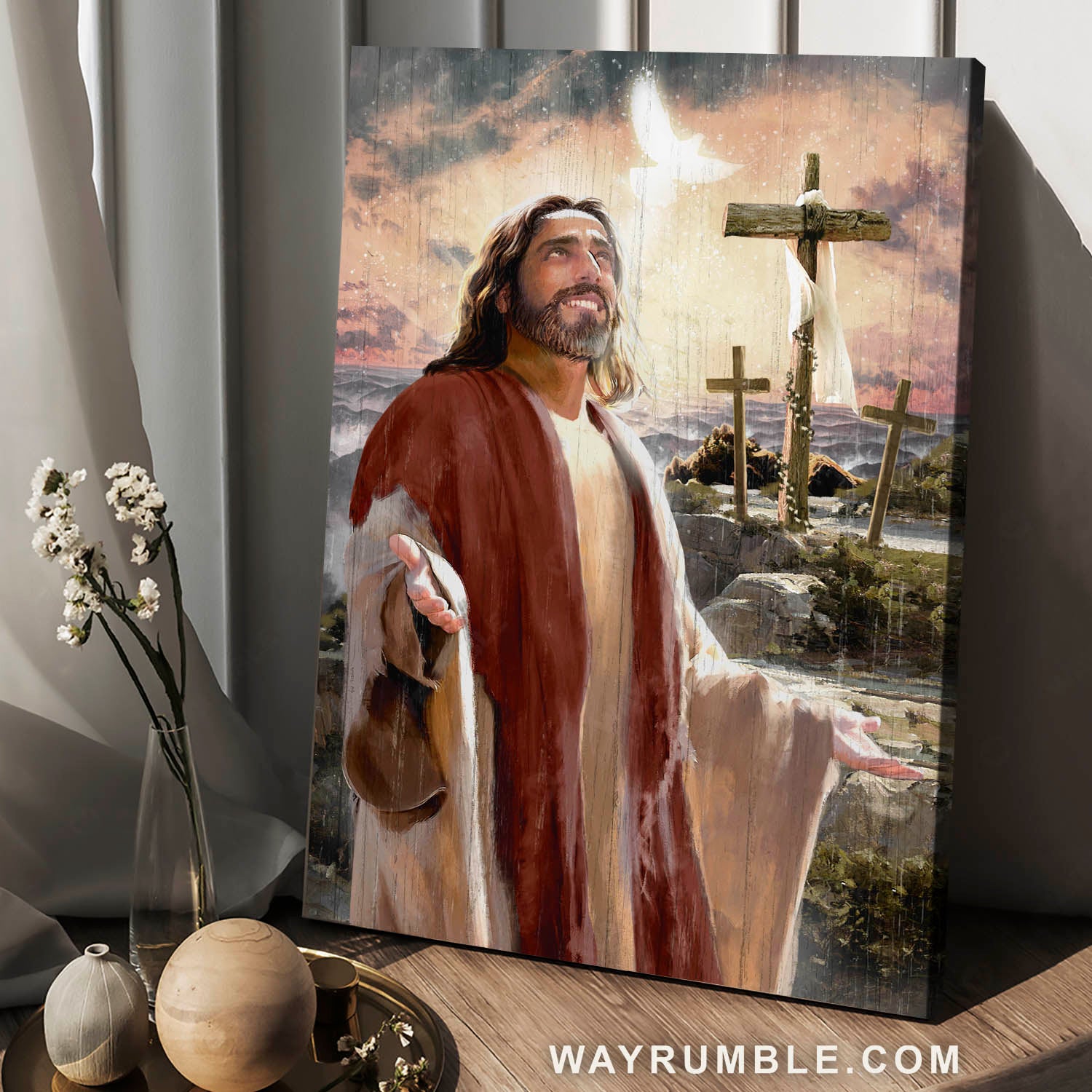 Abstract art, Jesus painting, Holy spirit dove, Three wooden crosses, Religious gift - Jesus Portrait Canvas Prints, Christian Wall Art