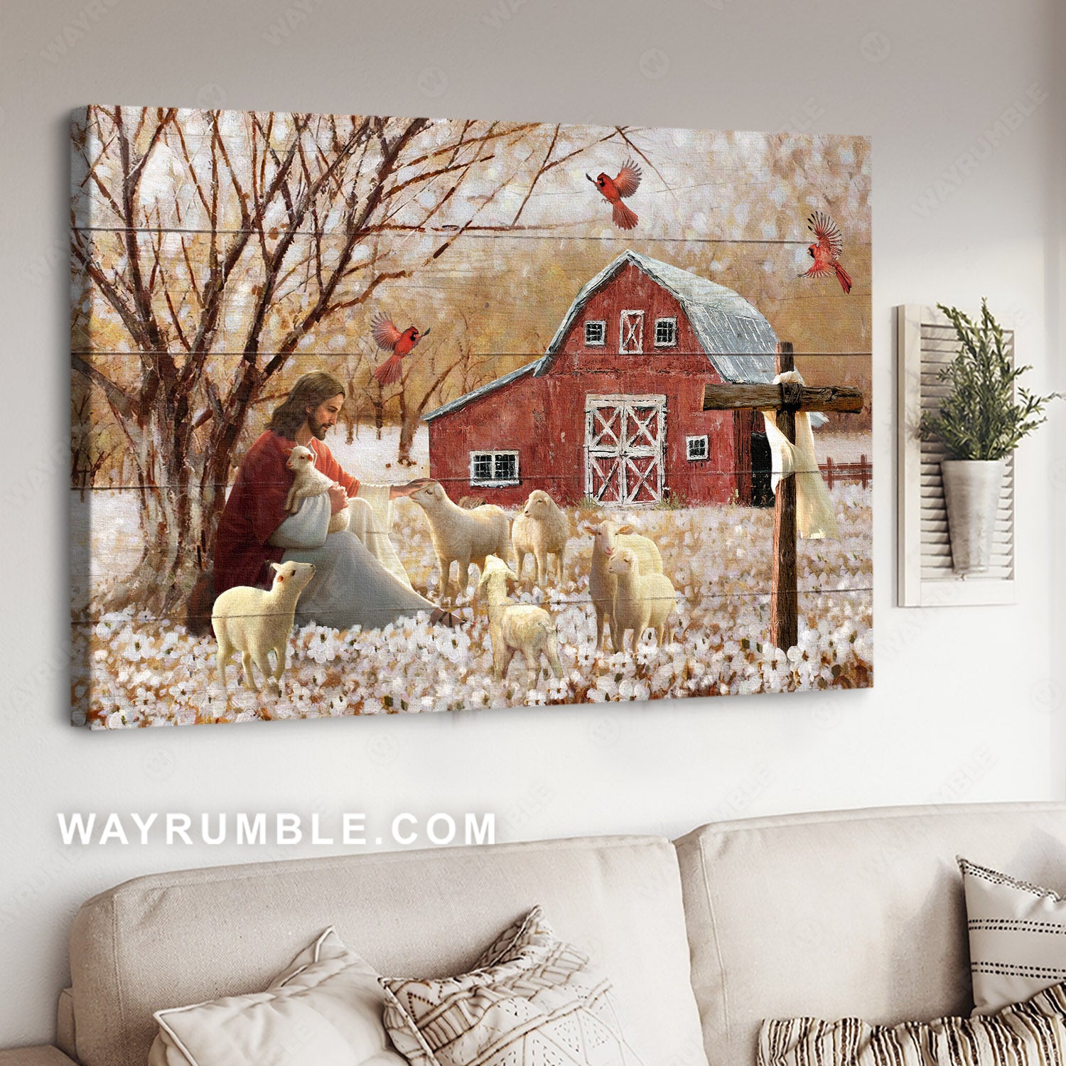 Flower field, Rustic barn house, Red cardinal, Jesus painting, Lamb of God - Jesus Landscape Canvas Prints, Christian Wall Art