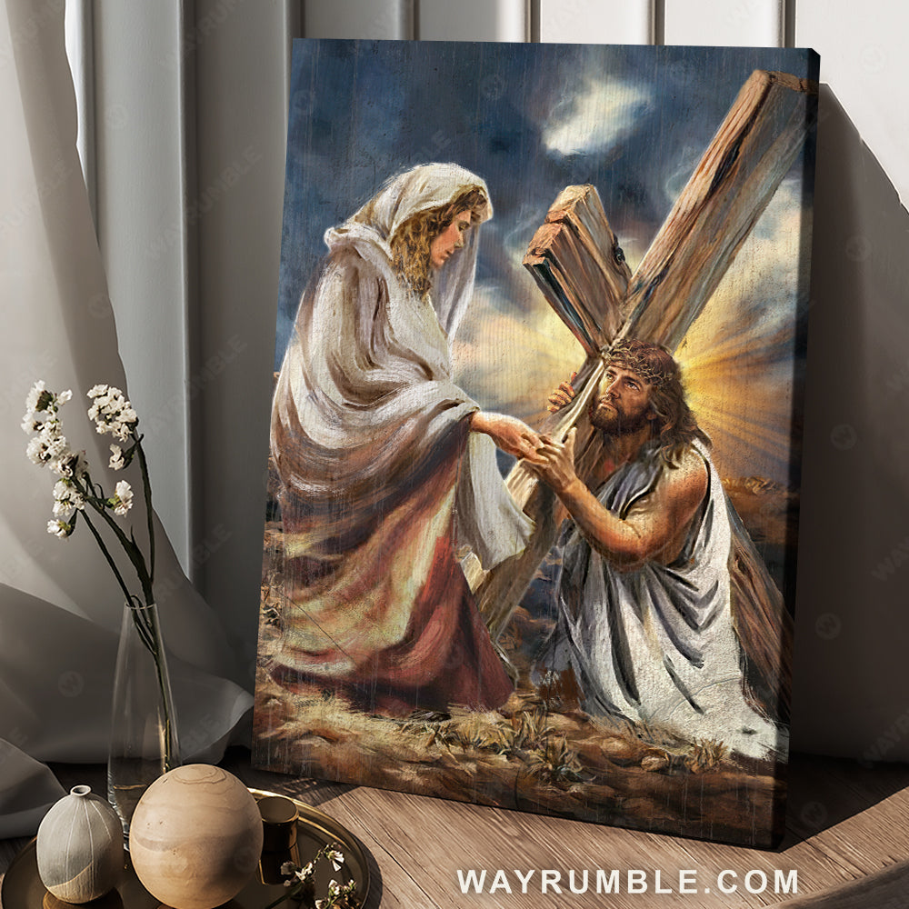 Christ the redeemer, Wooden cross, Religious art, Jesus carrying his cross - Jesus Portrait Canvas Prints, Christian Wall Art