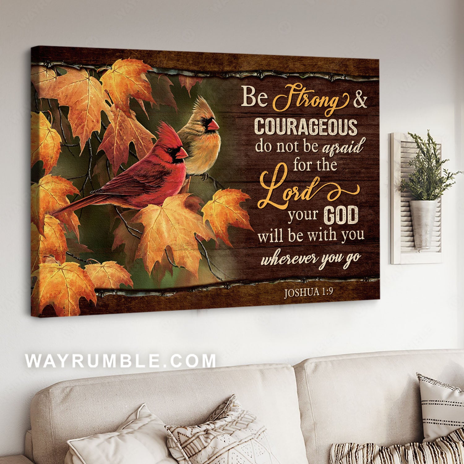 Amazing cardinal painting, Beautiful autumn season, Be strong and courageous - Jesus Landscape Canvas Prints, Christian Wall Art