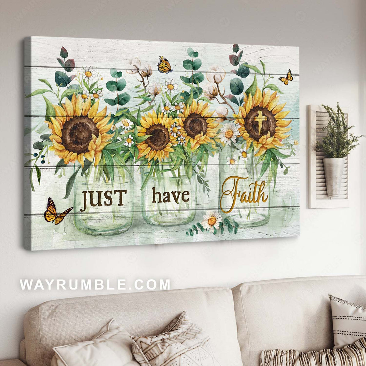 Amazing glass vase, Watercolor sunflower, Monarch butterfly, Just have faith - Jesus Landscape Canvas Prints, Home Decor Wall Art