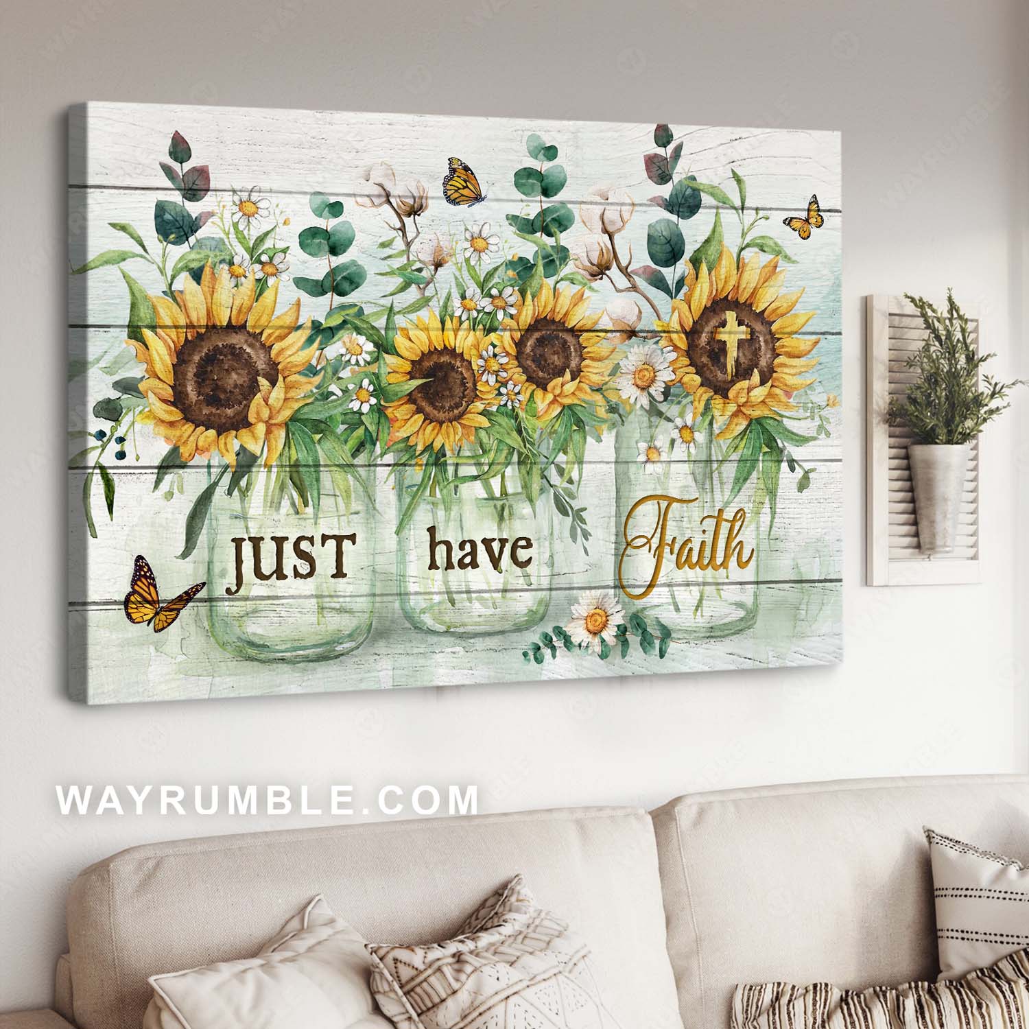 Amazing glass vase, Watercolor sunflower, Monarch butterfly, Just have faith - Jesus Landscape Canvas Prints, Home Decor Wall Art