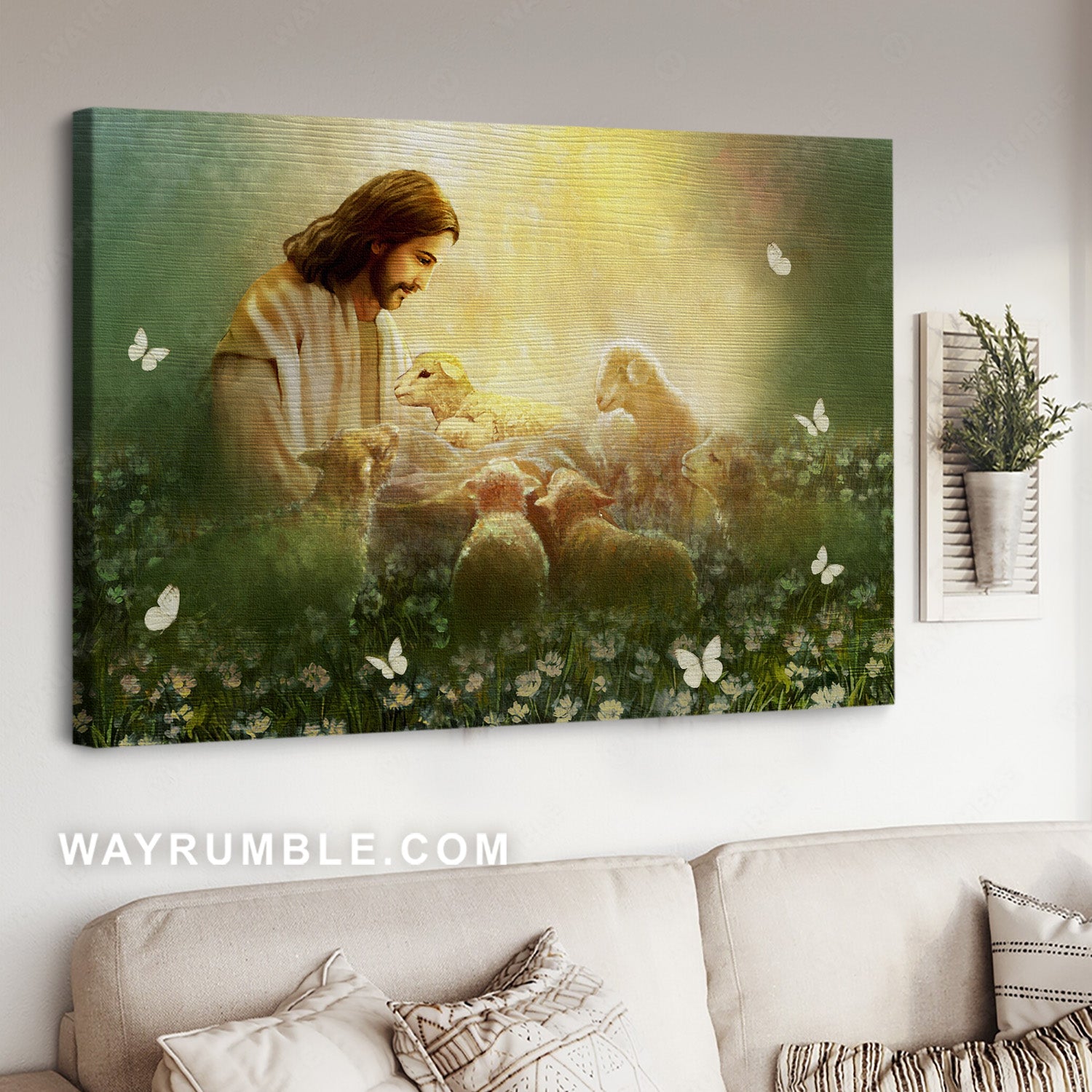 Lamb of God, Jesus painting, White butterfly, Flower field, Religious art - Jesus Landscape Canvas Prints, Christian Wall Art