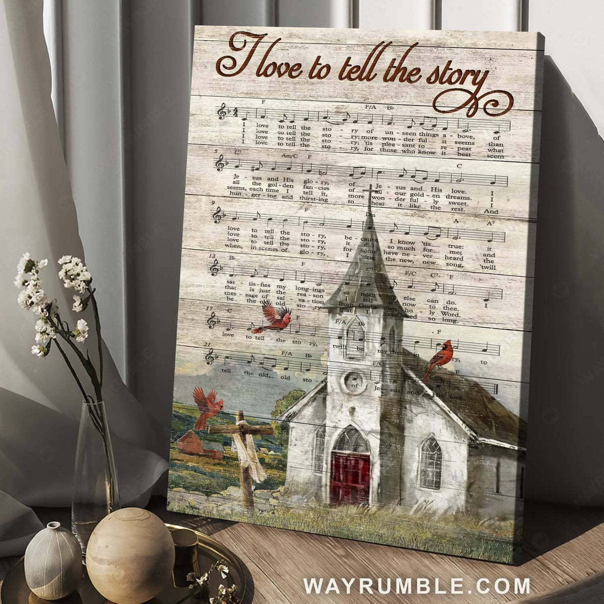 Old church, Red cardinal, Wooden cross, Great song, I love to tell the story - Jesus Portrait Canvas Prints, Christian Wall Art