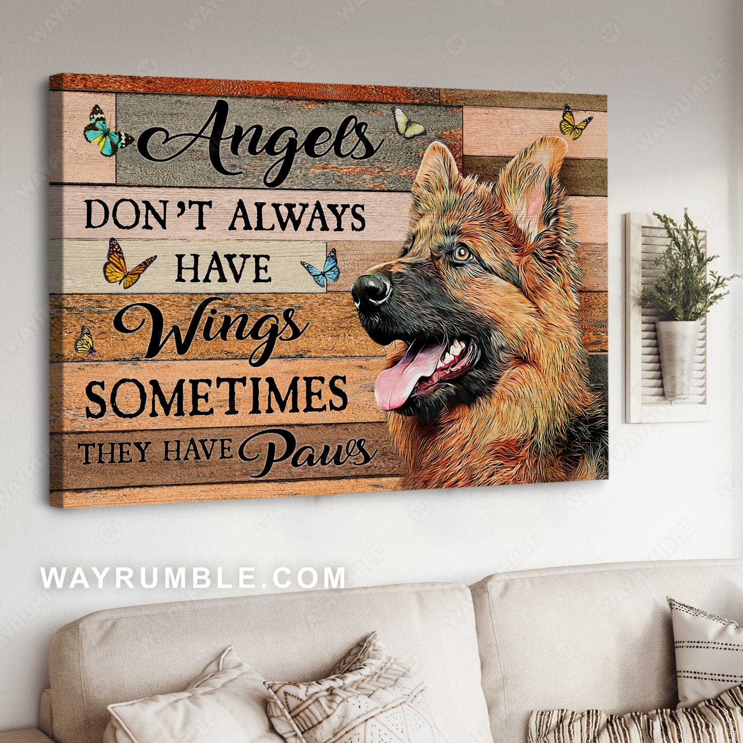 Watercolor German shepherd, Colorful butterfly, Angels don't always have wings - Jesus Landscape Canvas Prints, Christian Wall Art
