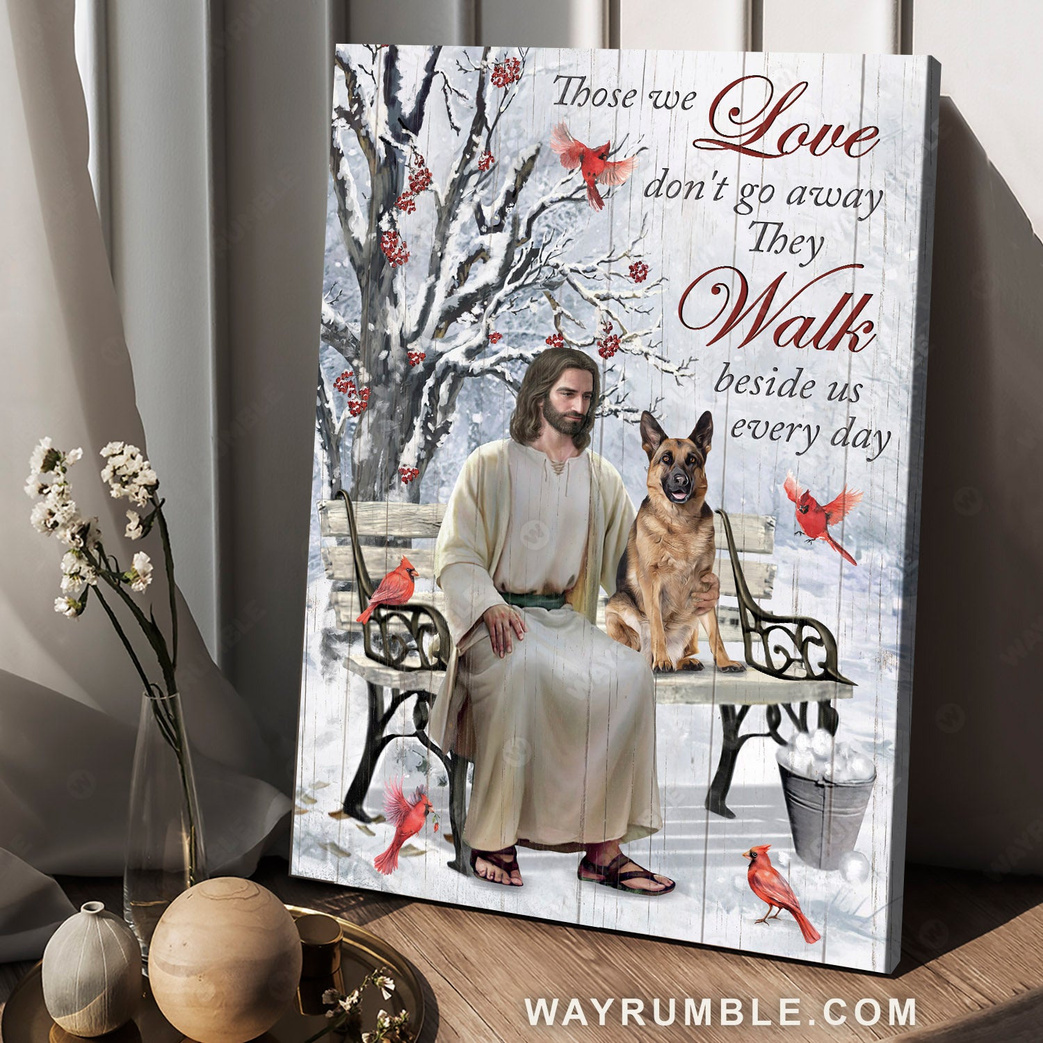 German Shepherd, Jesus painting, Red cardinal, Those we love don't go away - Jesus Portrait Canvas Prints, Christian Wall Art