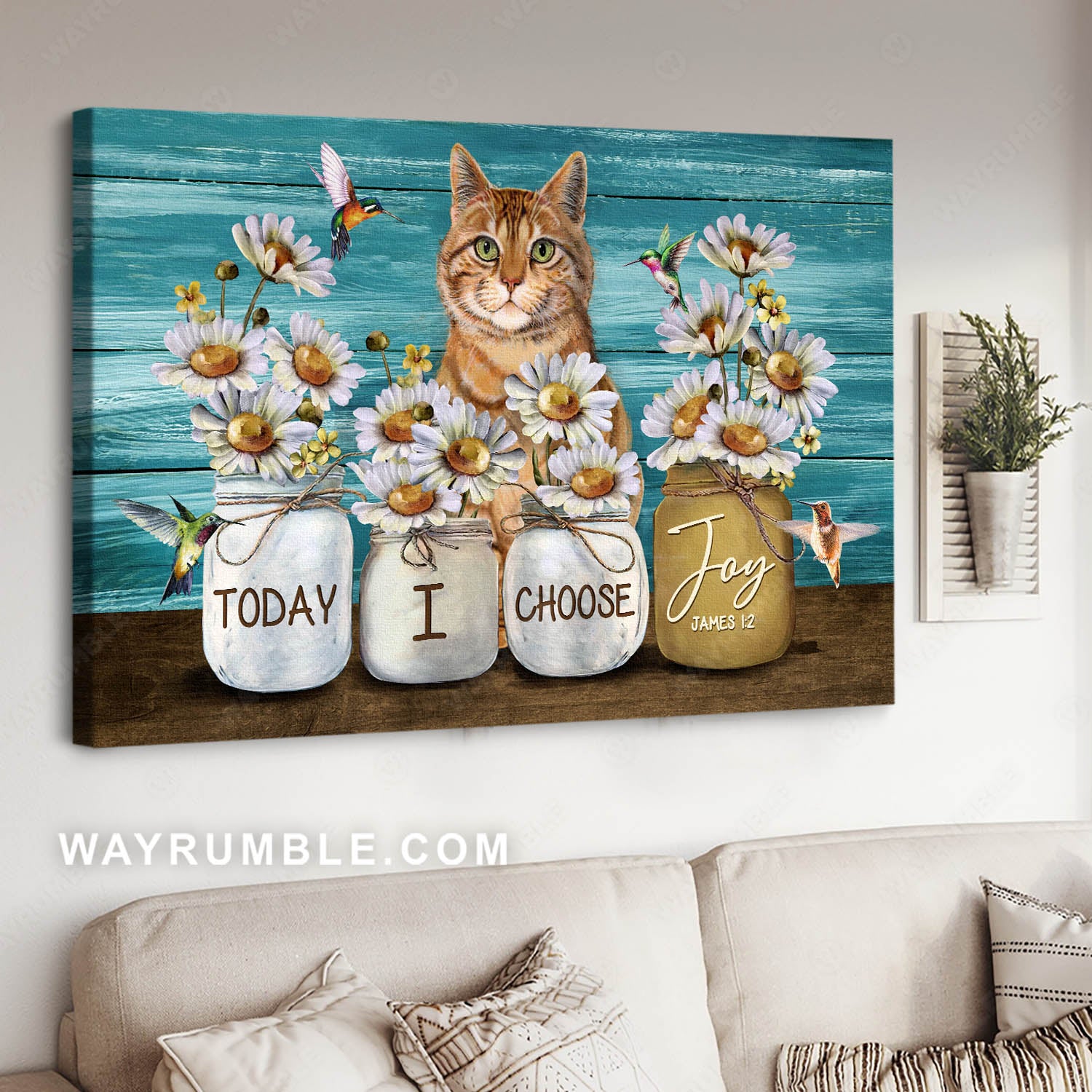 Awesome daisy vase, Lovely hummingbird, Cute yellow cat, Today I choose joy - Jesus Landscape Canvas Prints, Christian Wall Art