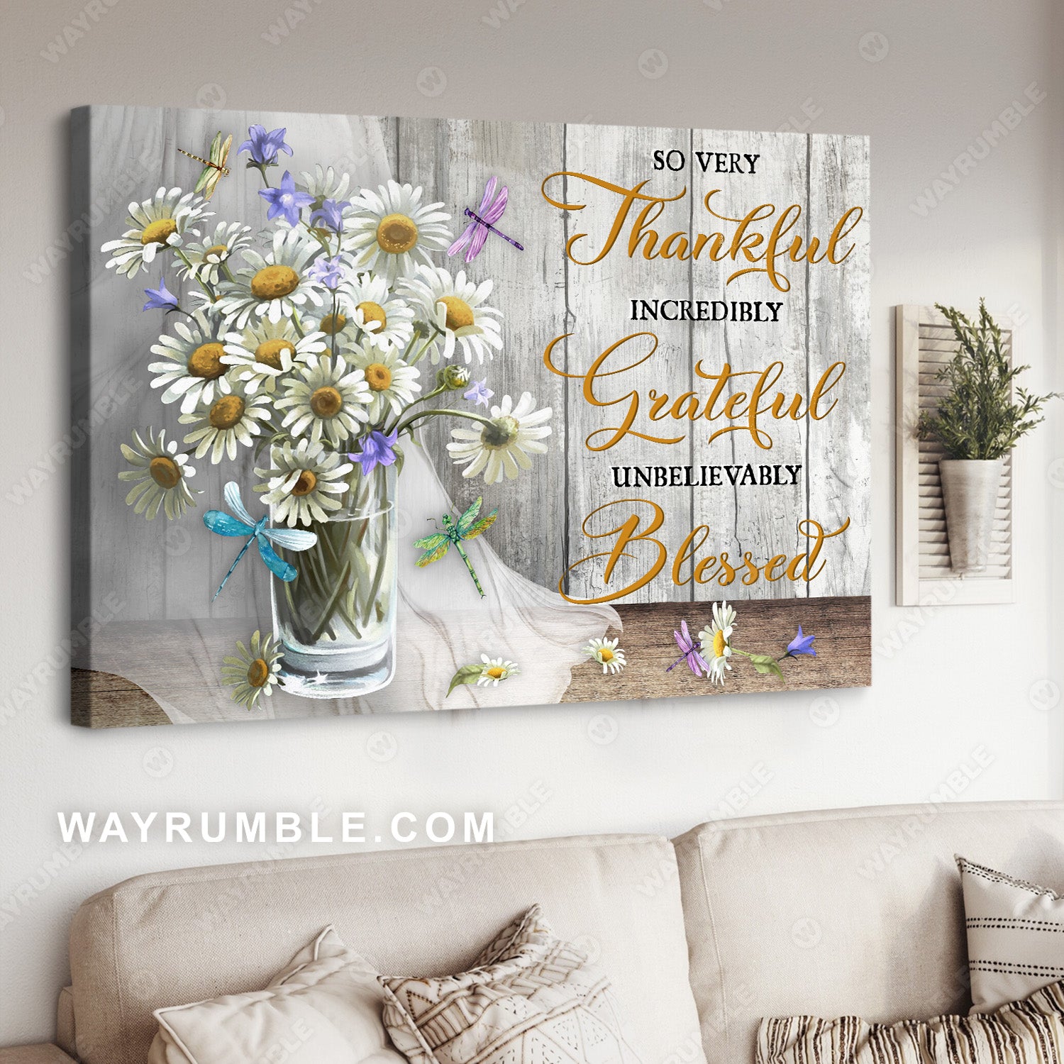 Colorful dragonflies, Daisy flowers, So very thankful, incredibly grateful, unbelievably blessed - Jesus Landscape Canvas Prints, Christian Wall Art