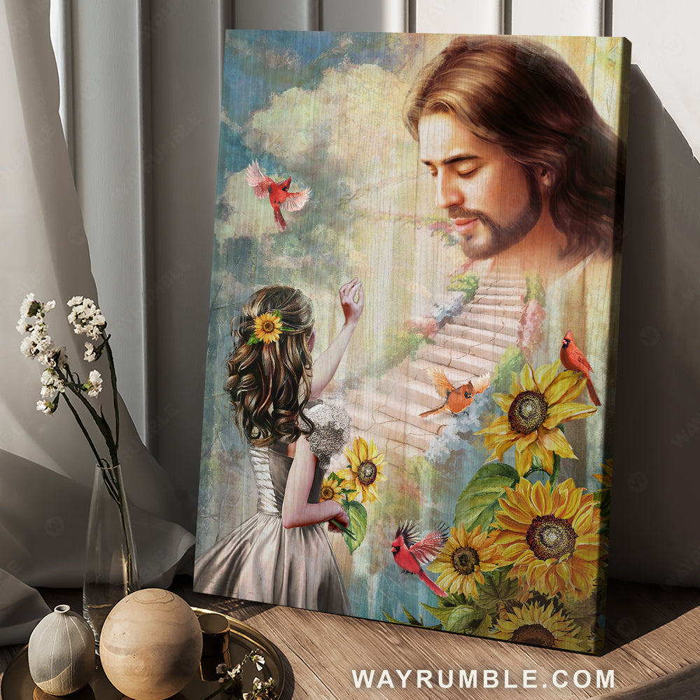 Jesus painting, Awesome red cardinal, Lovely sunflower, Girl and path to heaven - Jesus Portrait Canvas Prints, Christian Wall Art