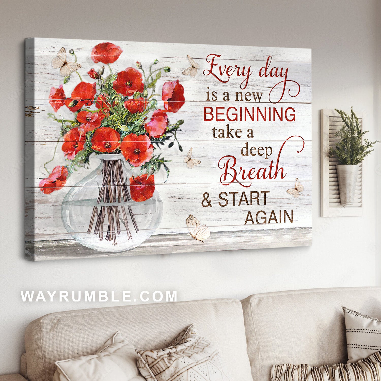 Glass vase, Poppy flower, White butterfly, Every day is a new beginning - Jesus Landscape Canvas Prints, Home Decor Wall Art