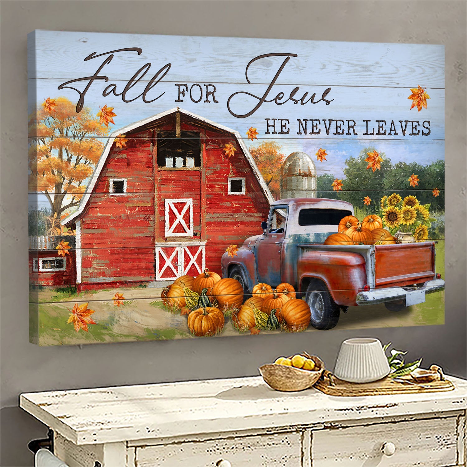 Red barn, Pumpkins field, Lively countryside, Fall for Jesus, he never leaves - Jesus Landscape Canvas Prints, Wall Art