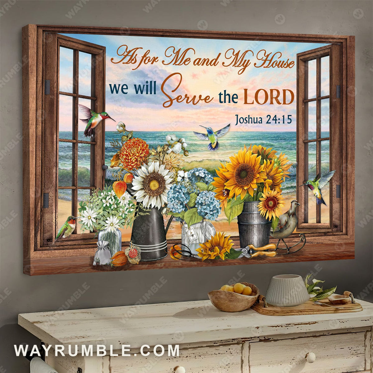 Hummingbird, Flowers, Beach, We will serve the Lord - Jesus Landscape Canvas Prints, Wall Art