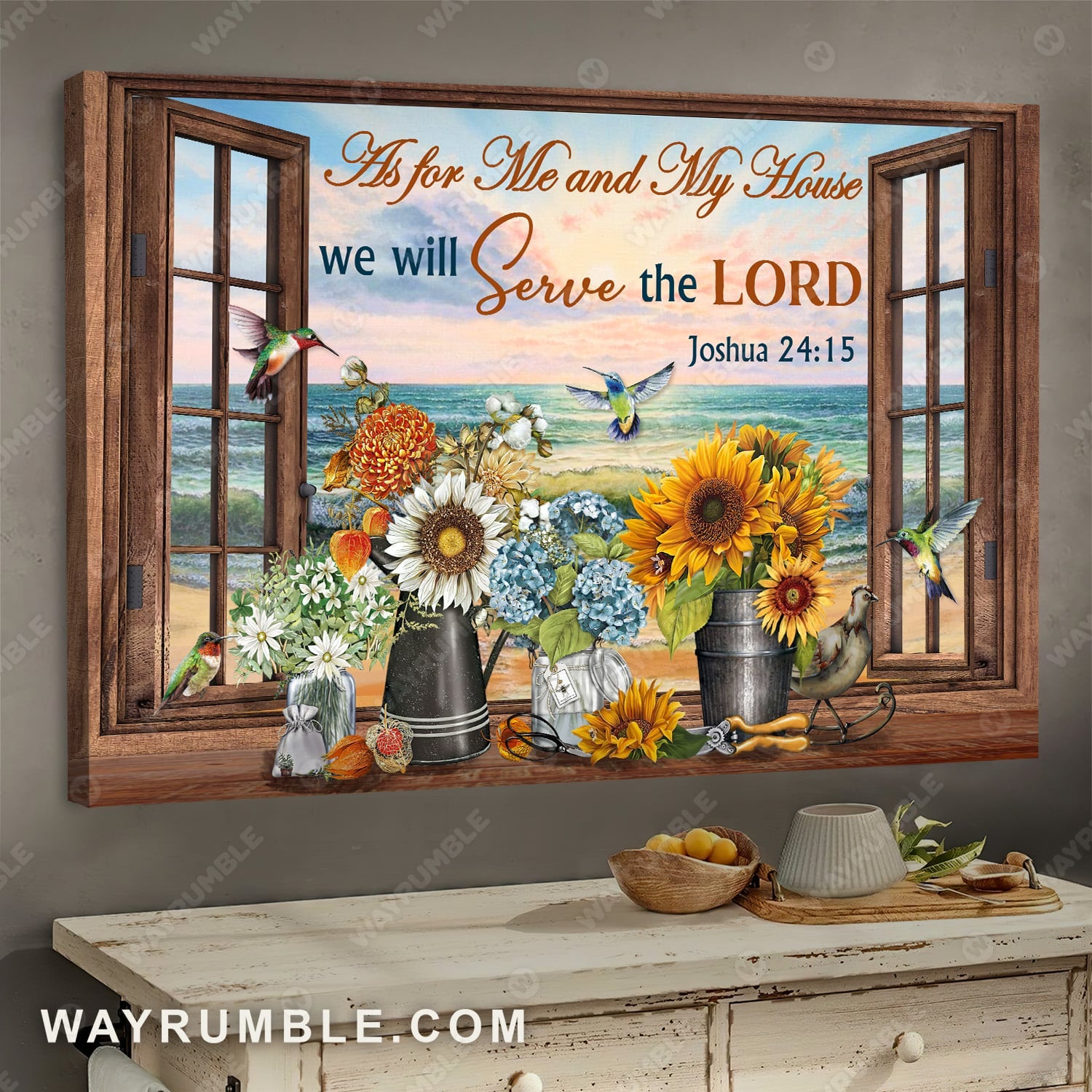 Hummingbird, Flowers, Beach, We will serve the Lord - Jesus Landscape Canvas Prints, Wall Art