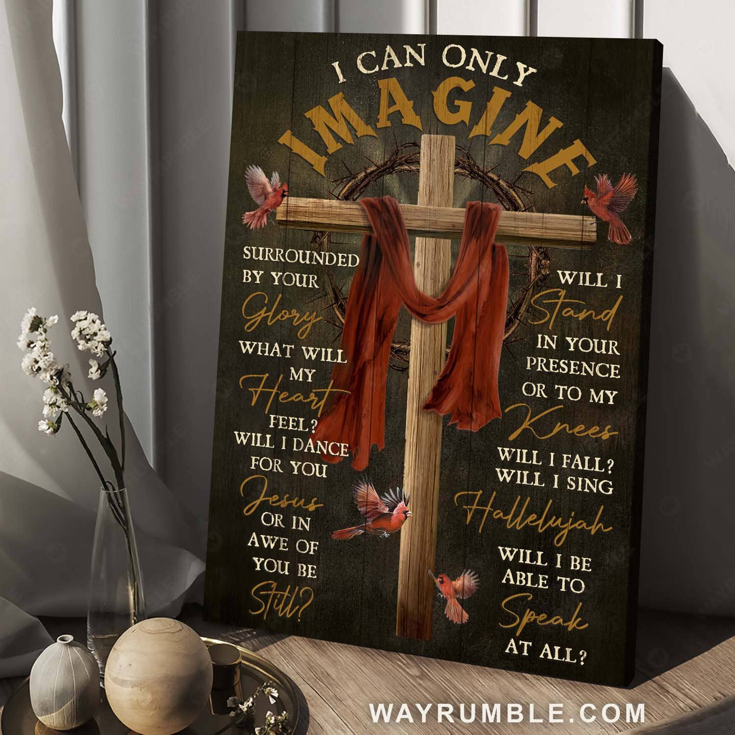 Wooden cross, Crown of thorns, Red cardinal, Religious song, I can only imagine - Jesus Portrait Canvas Prints, Home Decor Wall Art