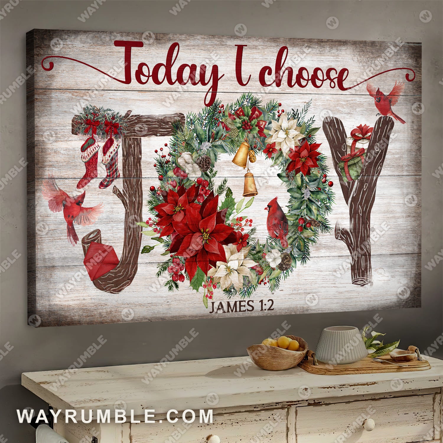 Christmas wreath, Cardinal, Today I choose joy - Jesus Landscape Canvas Prints, Wall Art