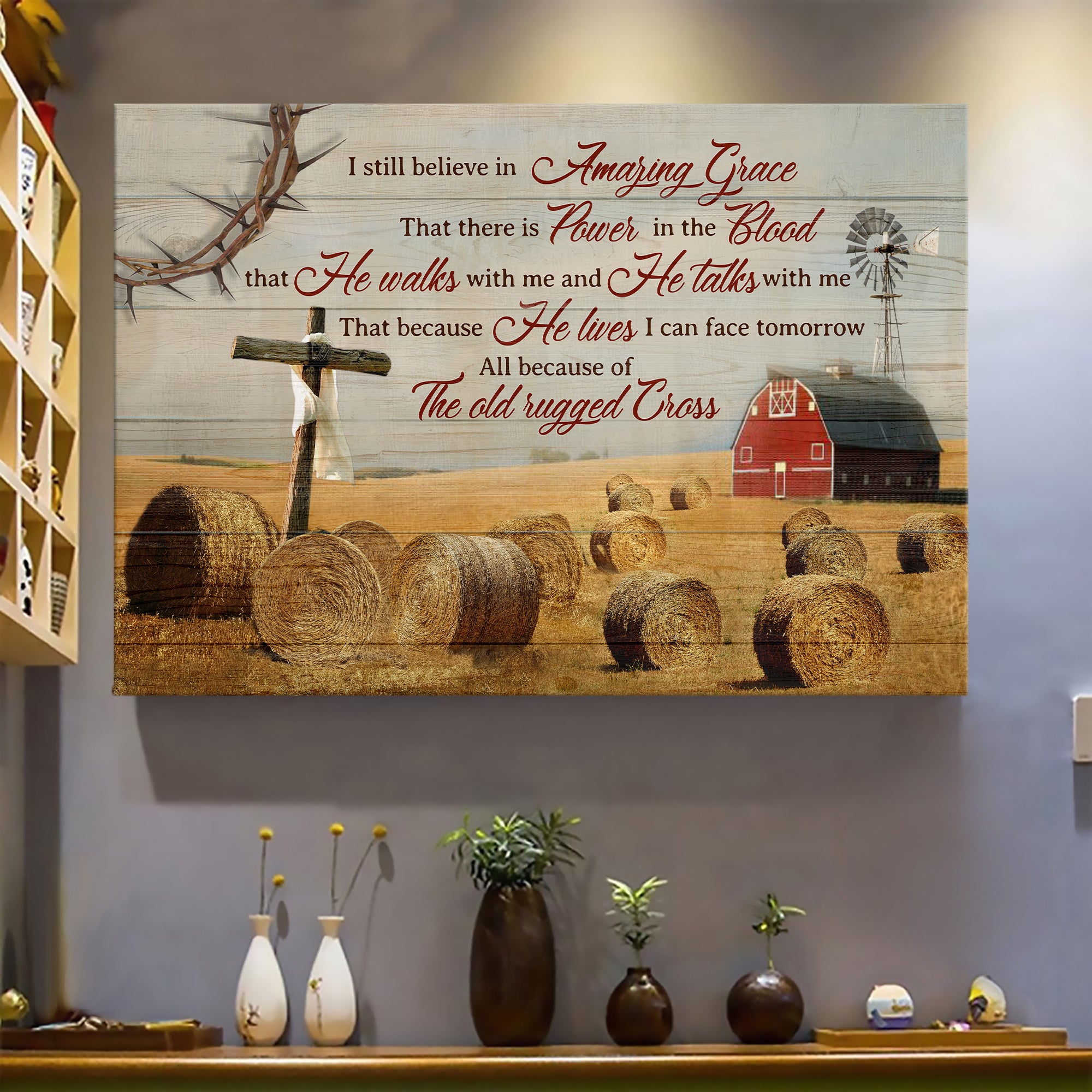 Paddy field, Red barn, Wooden cross, Hay roll, I still believe in amazing grace - Jesus Landscape Canvas Prints, Wall Art