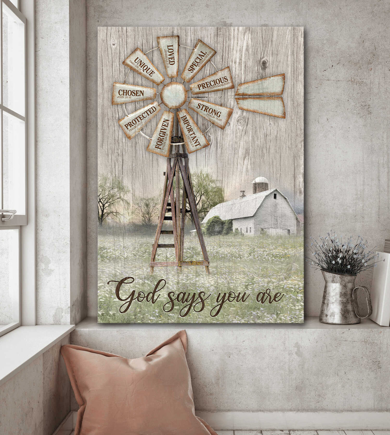 Windmill drawing, Green meadow, God says you are unique - Jesus Portrait Canvas Prints - Wall Art