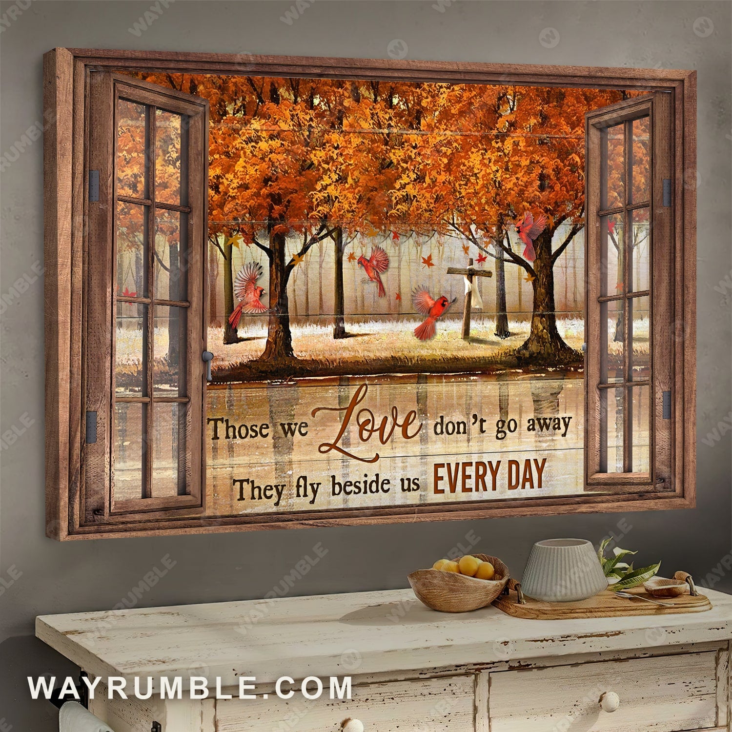 Cardinal, Autumn season, Those we love don't go away - Heaven, Window Frame Landscape Canvas Prints, Wall Art