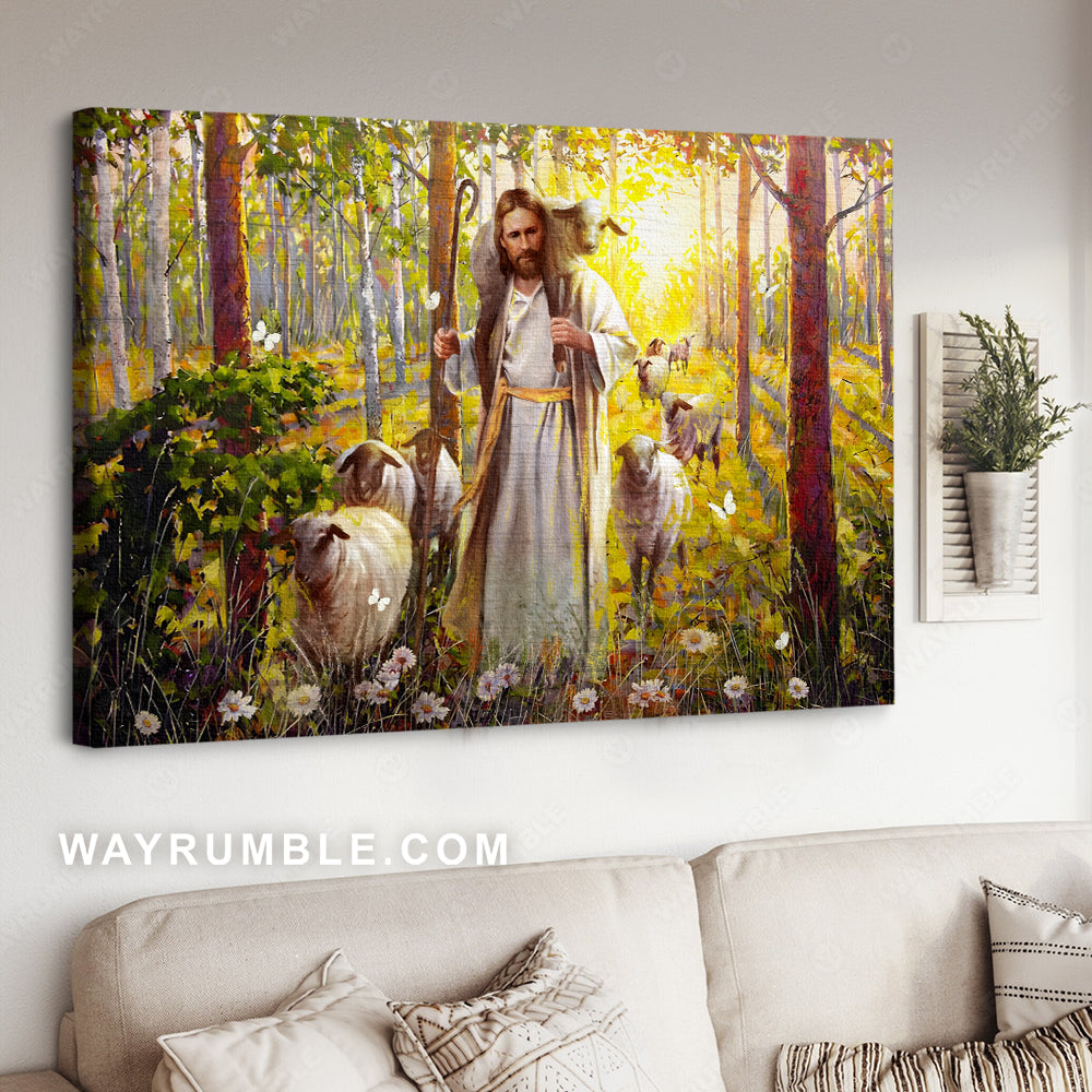 Lamb of God, Abstract Jesus painting, Green forest drawing, Daisy flower - Jesus Landscape Canvas Prints, Christian Wall Art