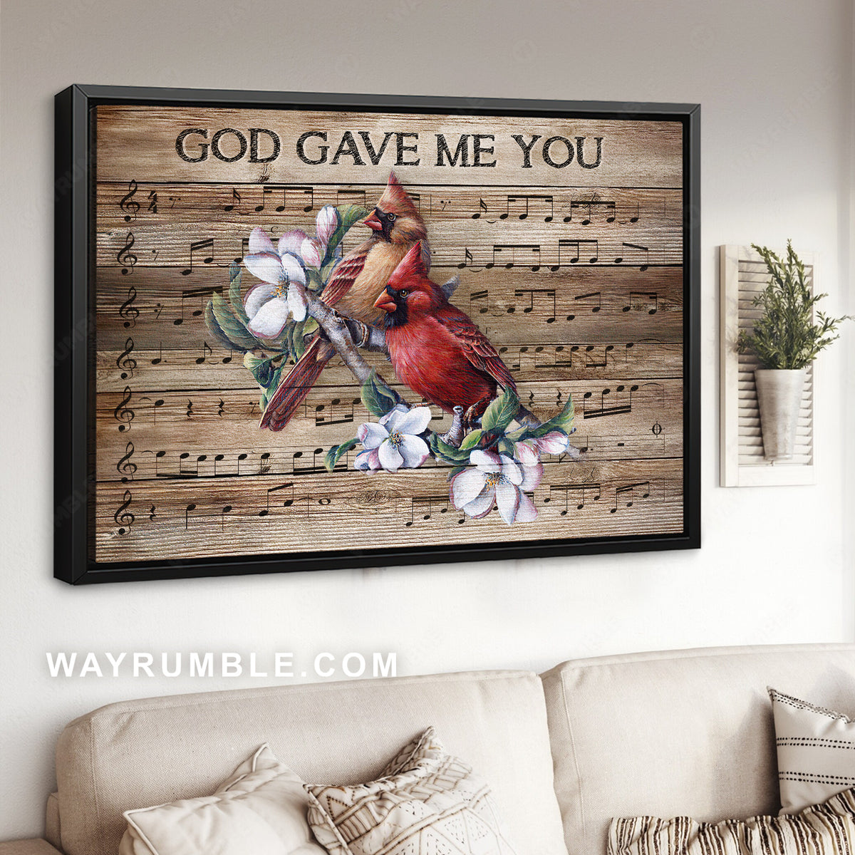 Pretty cardinal, Old music sheet, White flower, God gave me you - Jesus Landscape Canvas Prints, Christian Wall Art