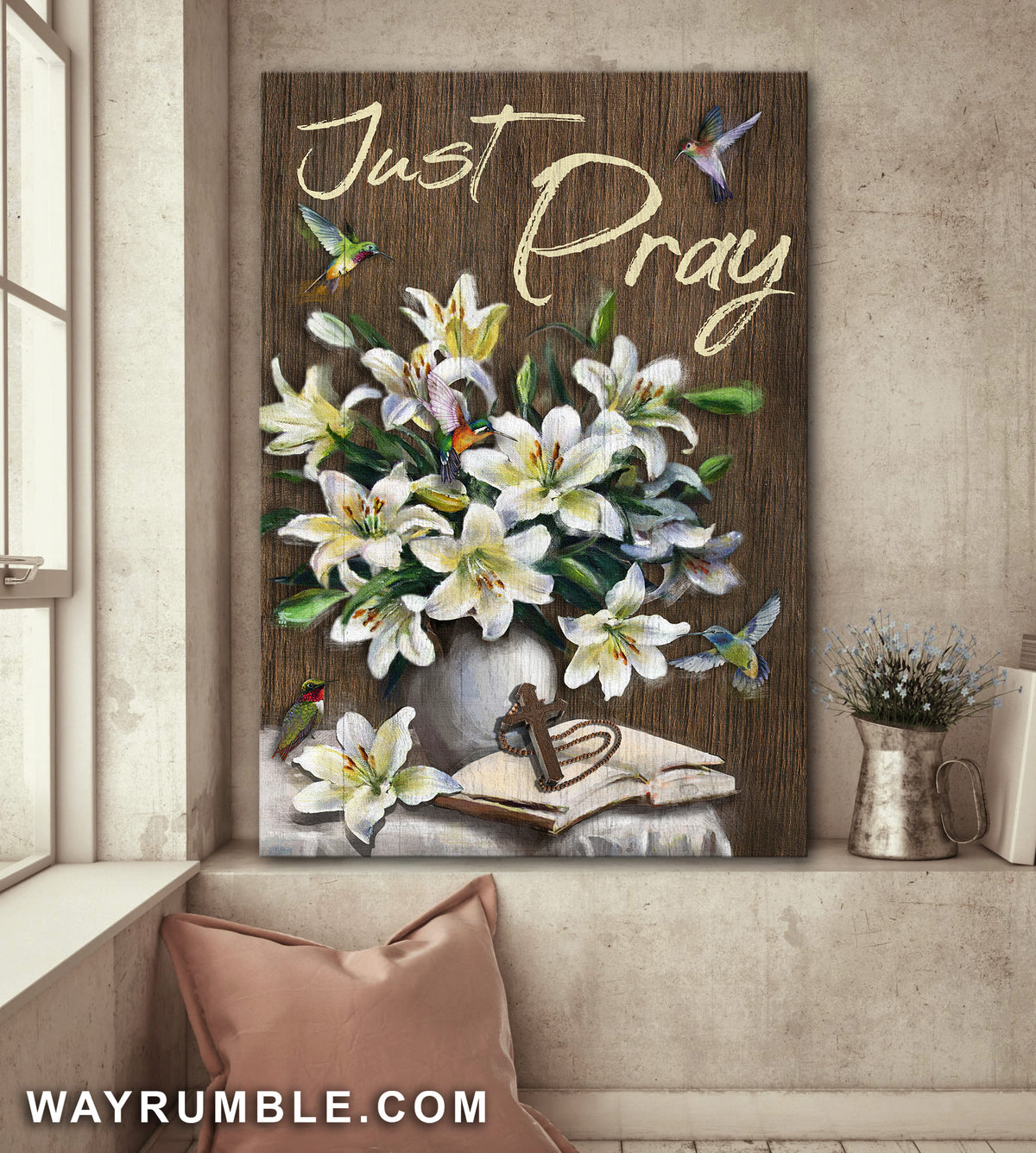 Lily vase, Cross, Hummingbird, Just pray - Jesus Portrait Canvas Prints, Wall Art