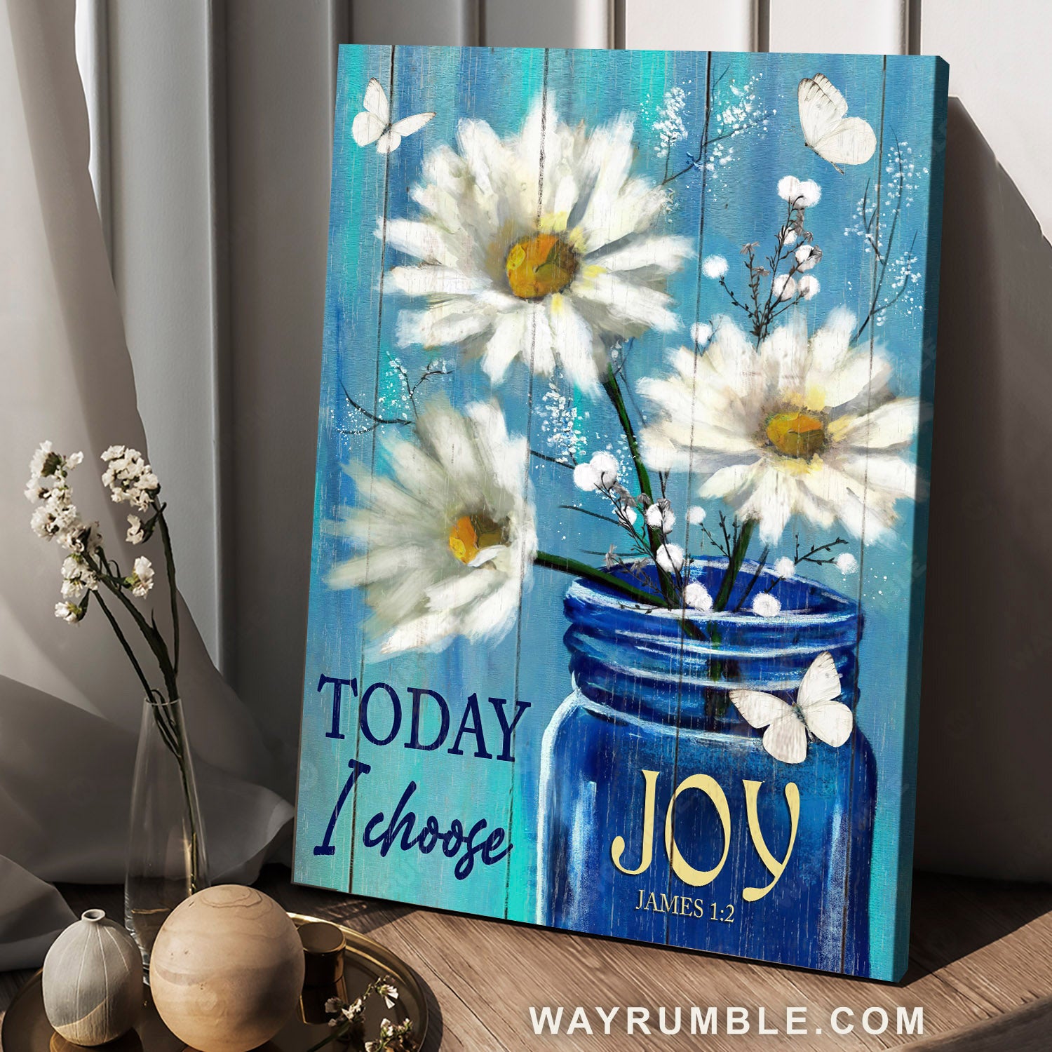 Daisy flower, White butterfly, Glass jar, Today I choose joy - Jesus Portrait Canvas Prints, Home Decor Wall Art