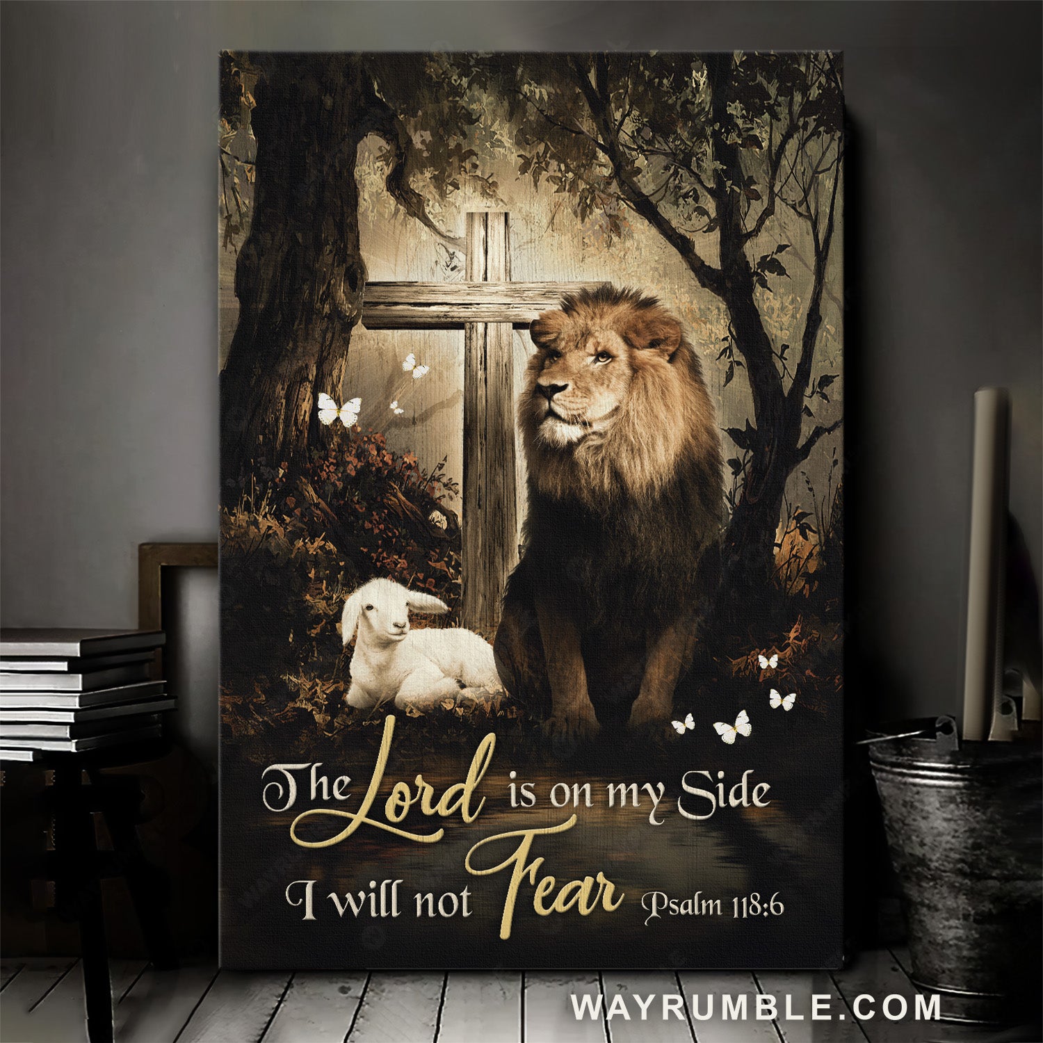 Lion of Judah, Lamb of God, Wooden cross, White butterfly, The Lord is on my side - Jesus Portrait Canvas Prints, Christian Wall Art