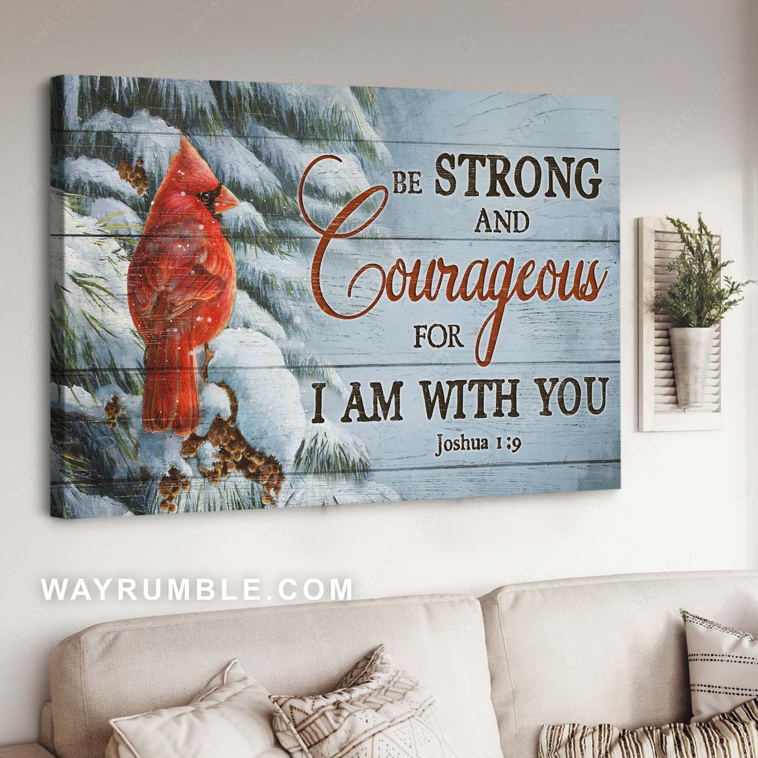 Bible verse, Red cardinal, Winter season, Be strong and courageous - Jesus Landscape Canvas Prints, Home Decor Wall Art