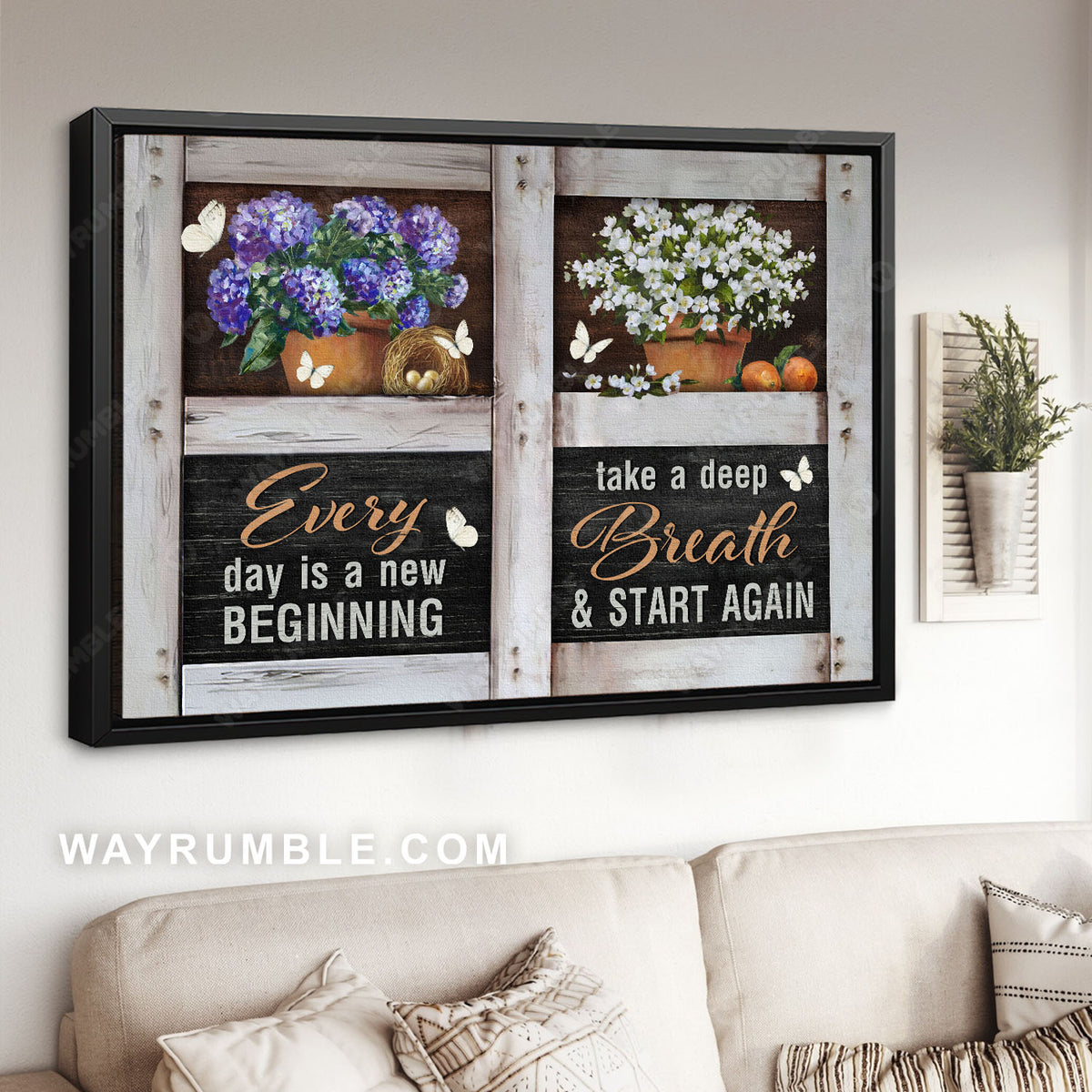 Flower pot, White butterfly, Positive quote, Every day is a new beginning - Jesus Landscape Canvas Prints, Home Decor Wall Art