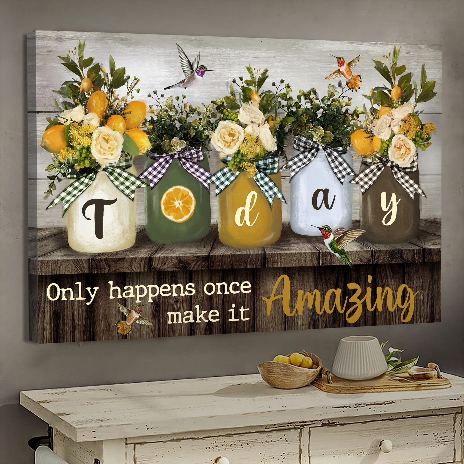Flower vase, Lemon, Hummingbird, Today only happens once, make it amazing - Jesus Landscape Canvas Prints, Wall Art