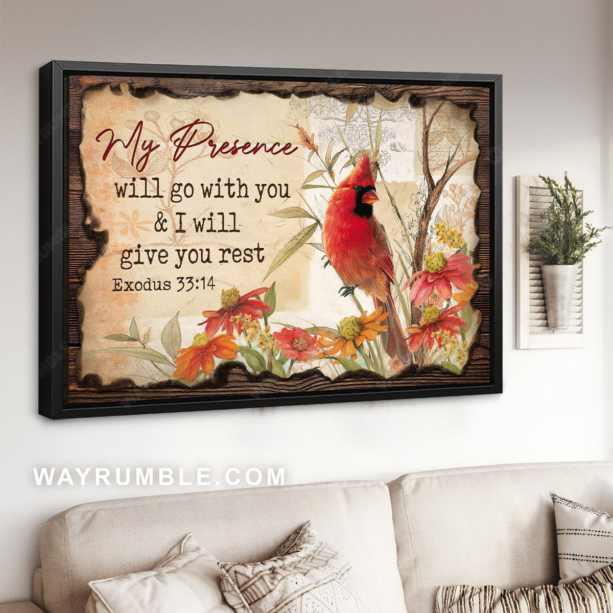 Red cardinals, Mexican sunflower, Bible verse, My presence will go with you - Jesus Landscape Canvas Prints, Home Decor Wall Art