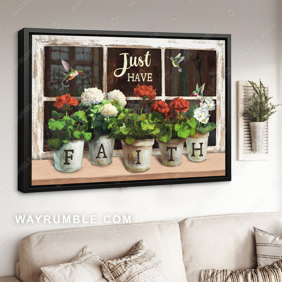 Awesome hummingbird, Pretty flowers, Window frame, Just have faith - Jesus Landscape Canvas Prints, Christian Wall Art