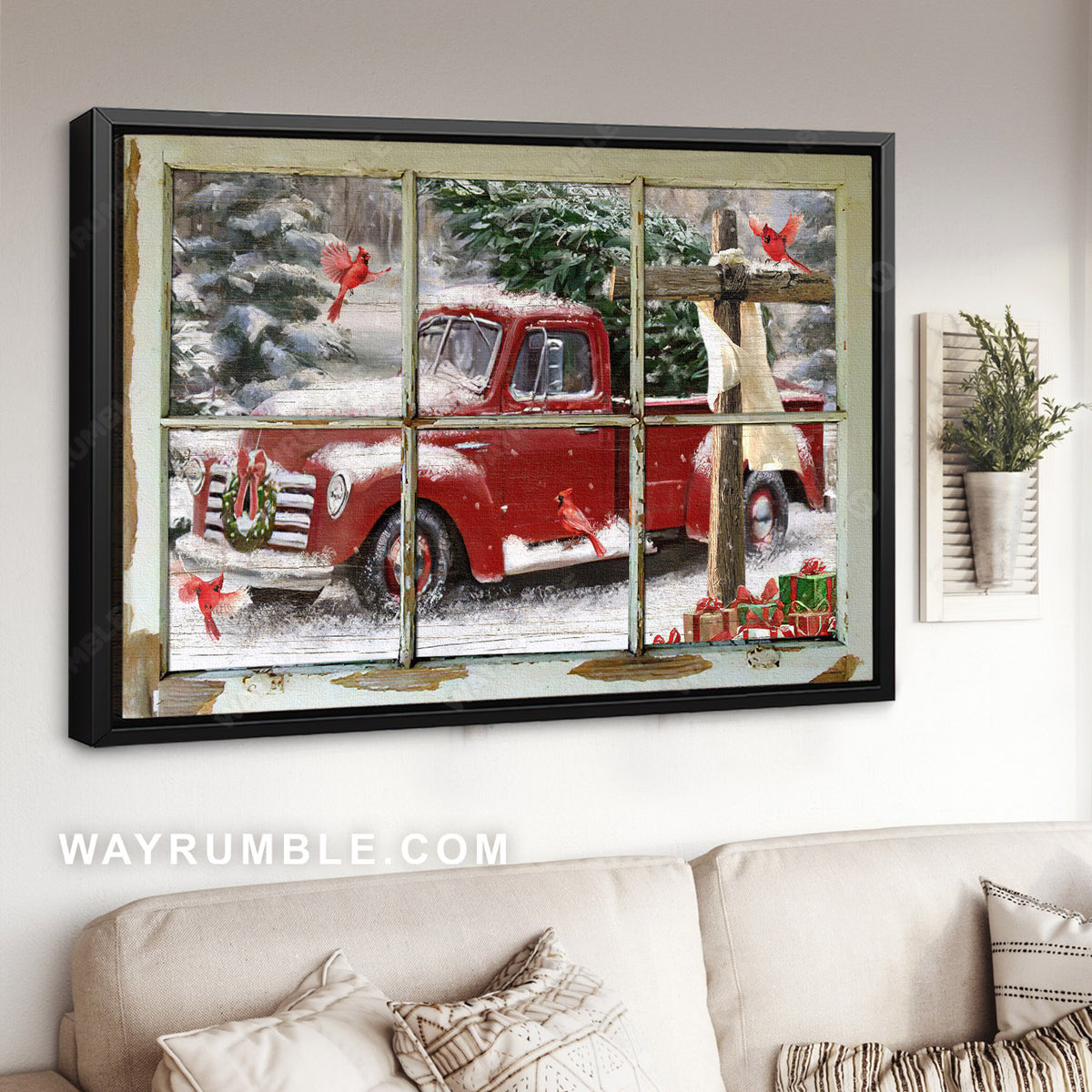Cardinal drawing, Red truck, Wooden cross, Christmas decoration - Jesus Landscape Canvas Prints, Home Decor Wall Art
