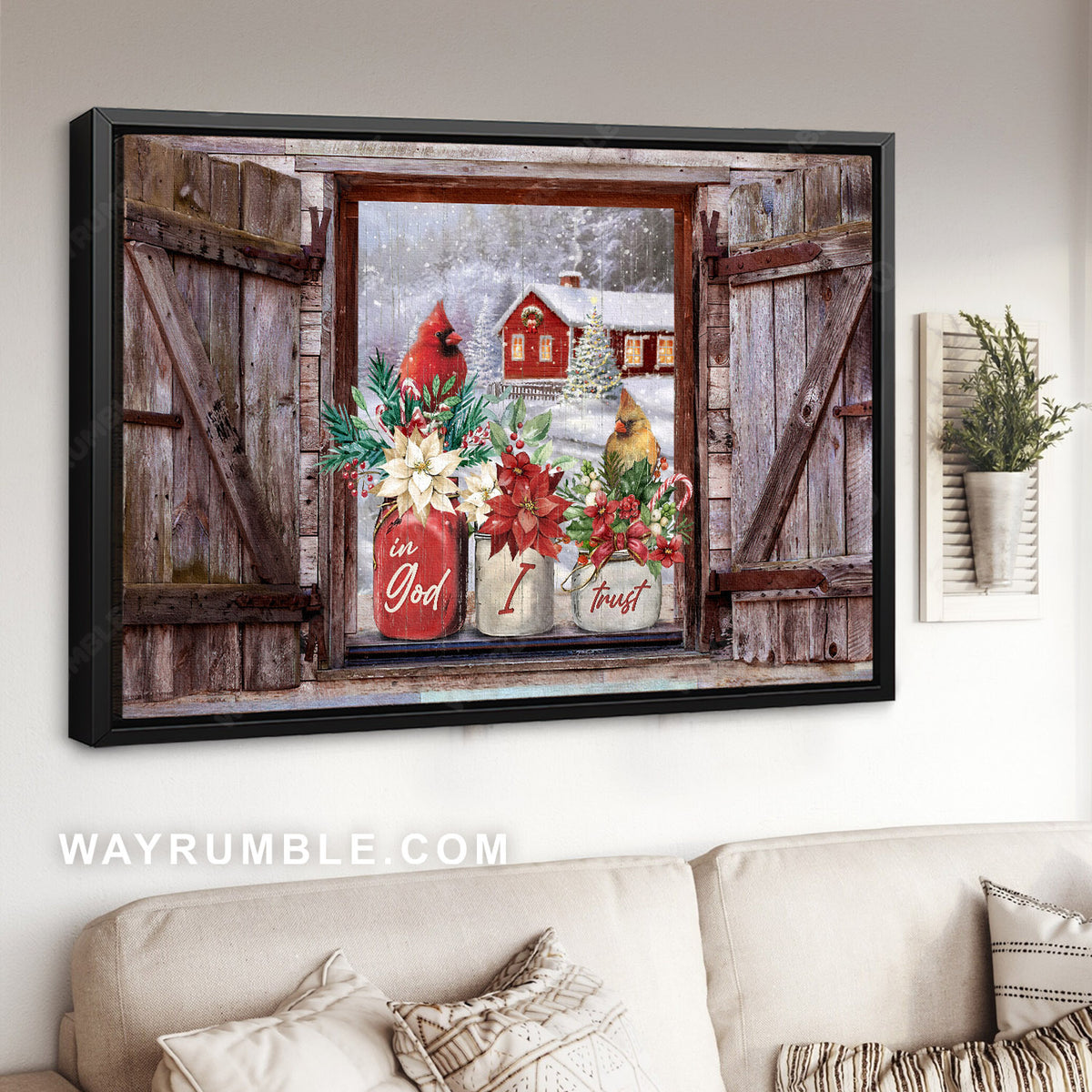 Cardinal couple, Poinsettia drawing, Winter season, In God I trust - Jesus Landscape Canvas Prints, Home Decor Wall Art