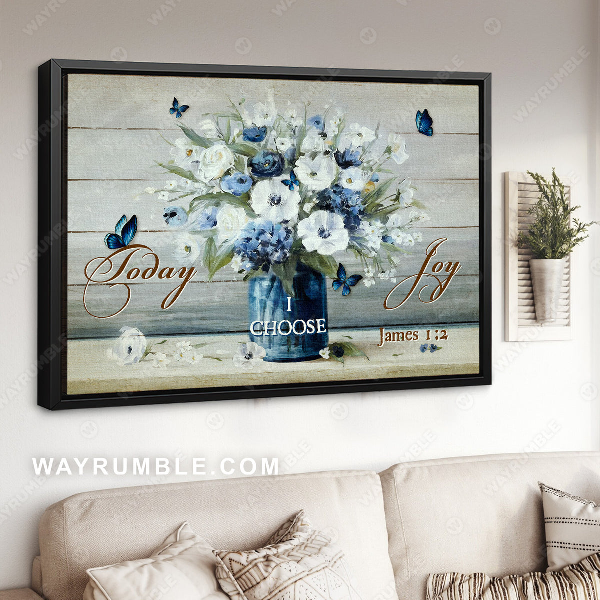 Flower painting, Blue butterfly, Verse of the day, Today I choose joy - Jesus Landscape Canvas Prints, Christian Wall Art