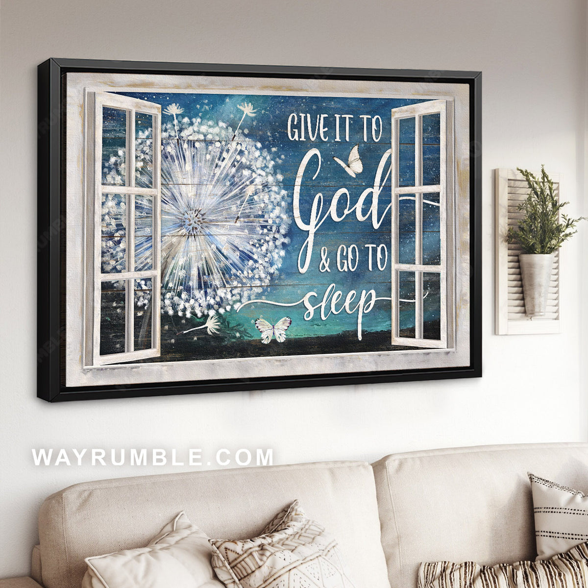 Dandelion painting, White butterfly, Night sky, Give it to God &amp; go to sleep - Jesus Landscape Canvas Prints, Home Decor Wall Art