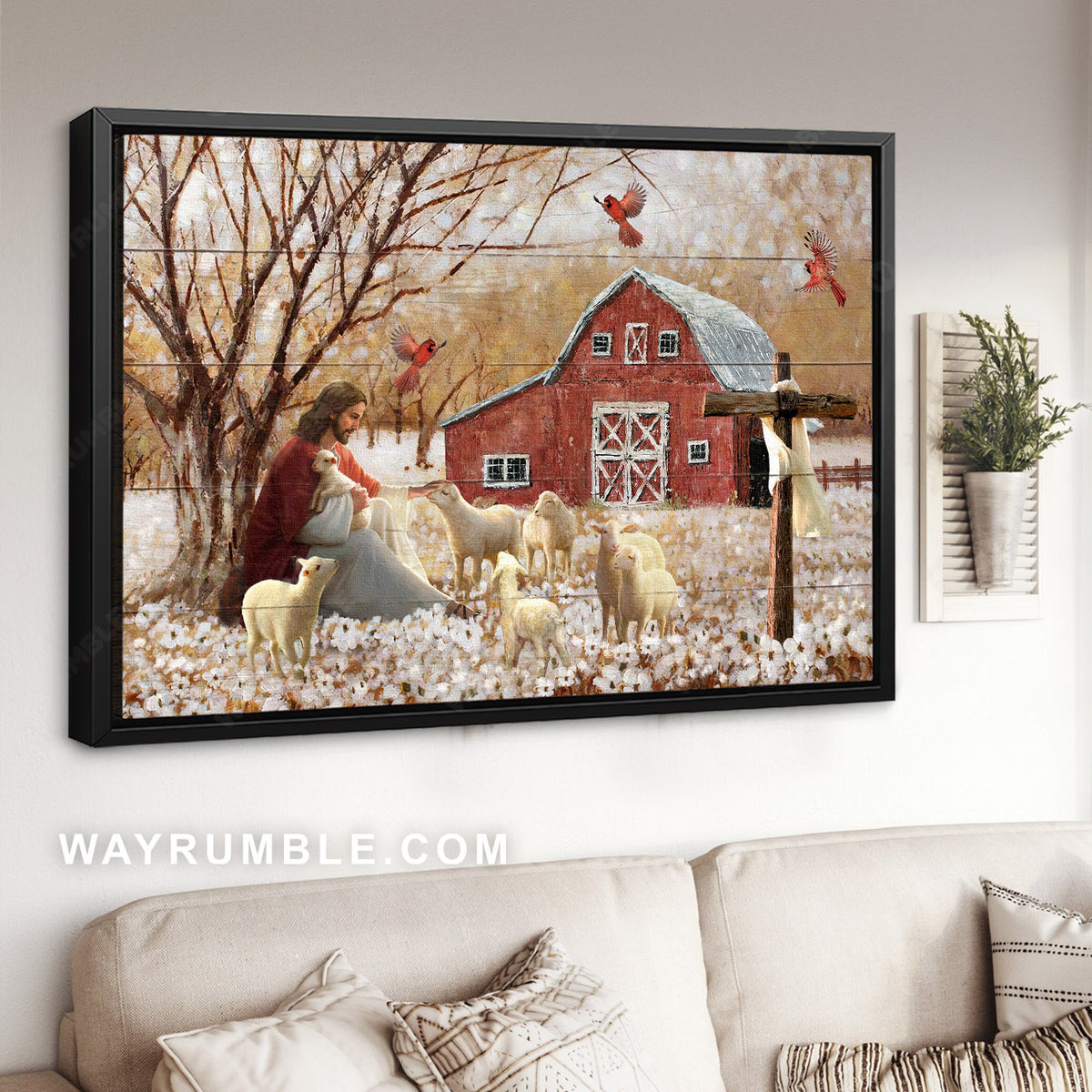 Flower field, Rustic barn house, Red cardinal, Jesus painting, Lamb of God - Jesus Landscape Canvas Prints, Christian Wall Art