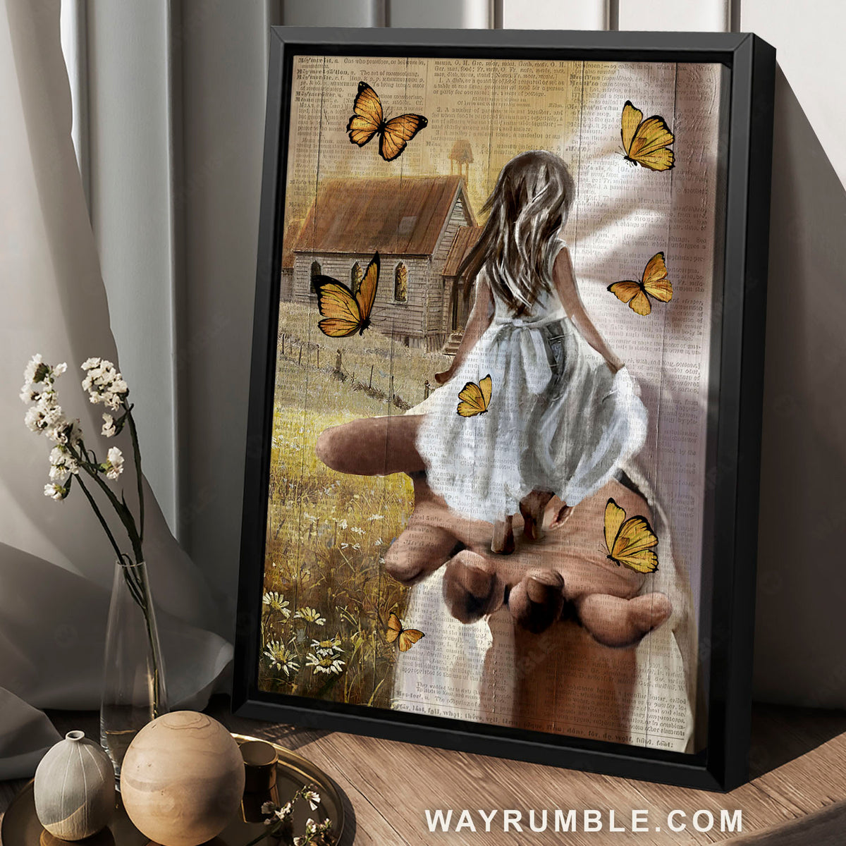 Rustic farmhouse, Yellow butterfly, Spiritual painting, Jesus Christ and a little girl - Jesus Portrait Canvas Prints, Home Decor Wall Art