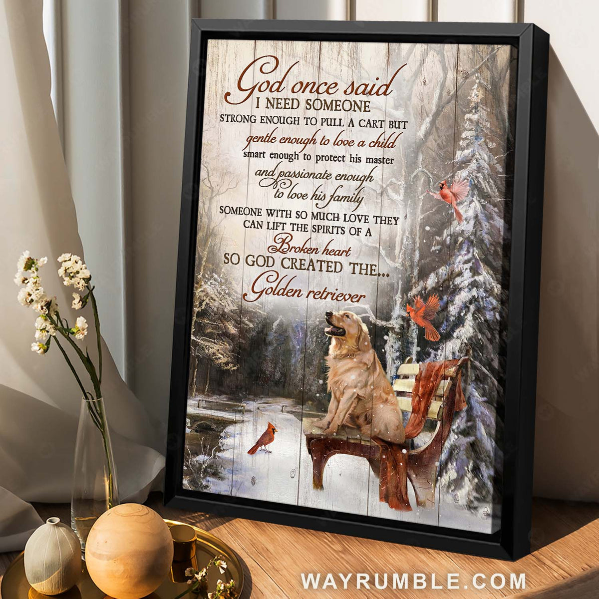 Golden Retriever, Red cardinal, Winter forest, God once said - Jesus Portrait Canvas Prints, Home Decor Wall Art
