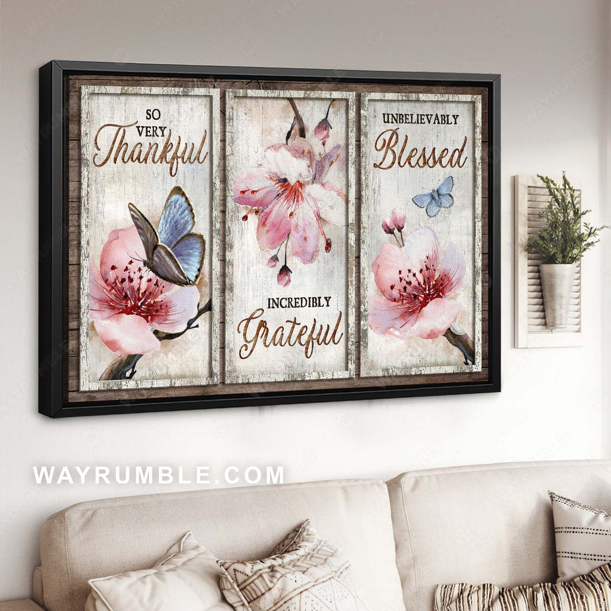 Cherry blossom, Blue butterfly, Positive quote, Thankful, Grateful, Blessed - Jesus Landscape Canvas Prints, Home Decor Wall Art