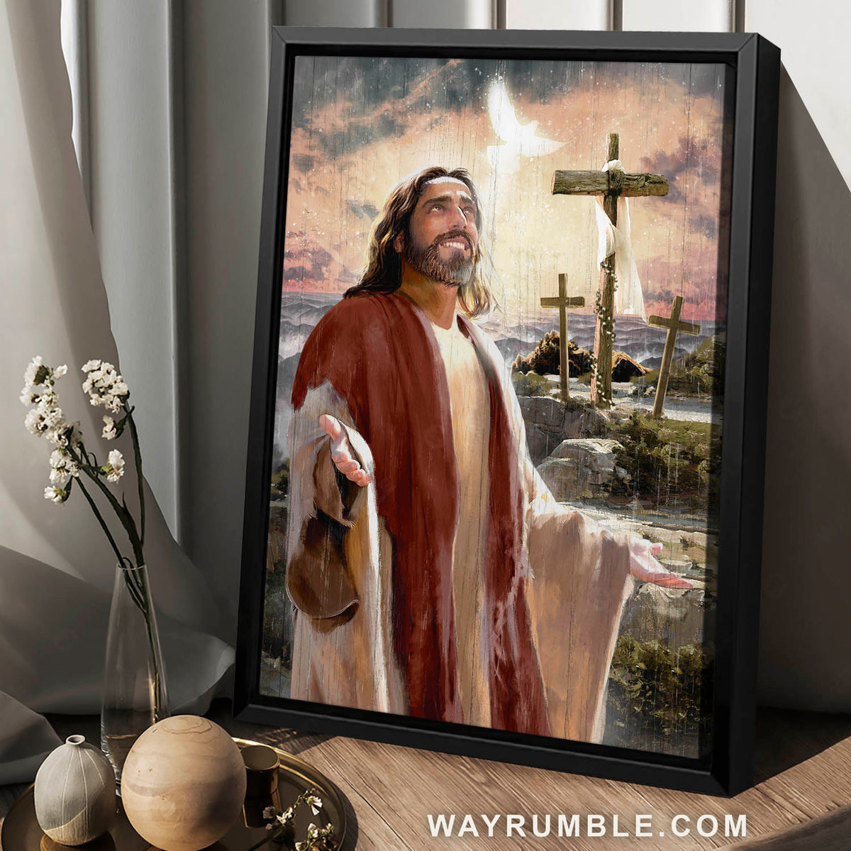 Abstract art, Jesus painting, Holy spirit dove, Three wooden crosses, Religious gift - Jesus Portrait Canvas Prints, Christian Wall Art