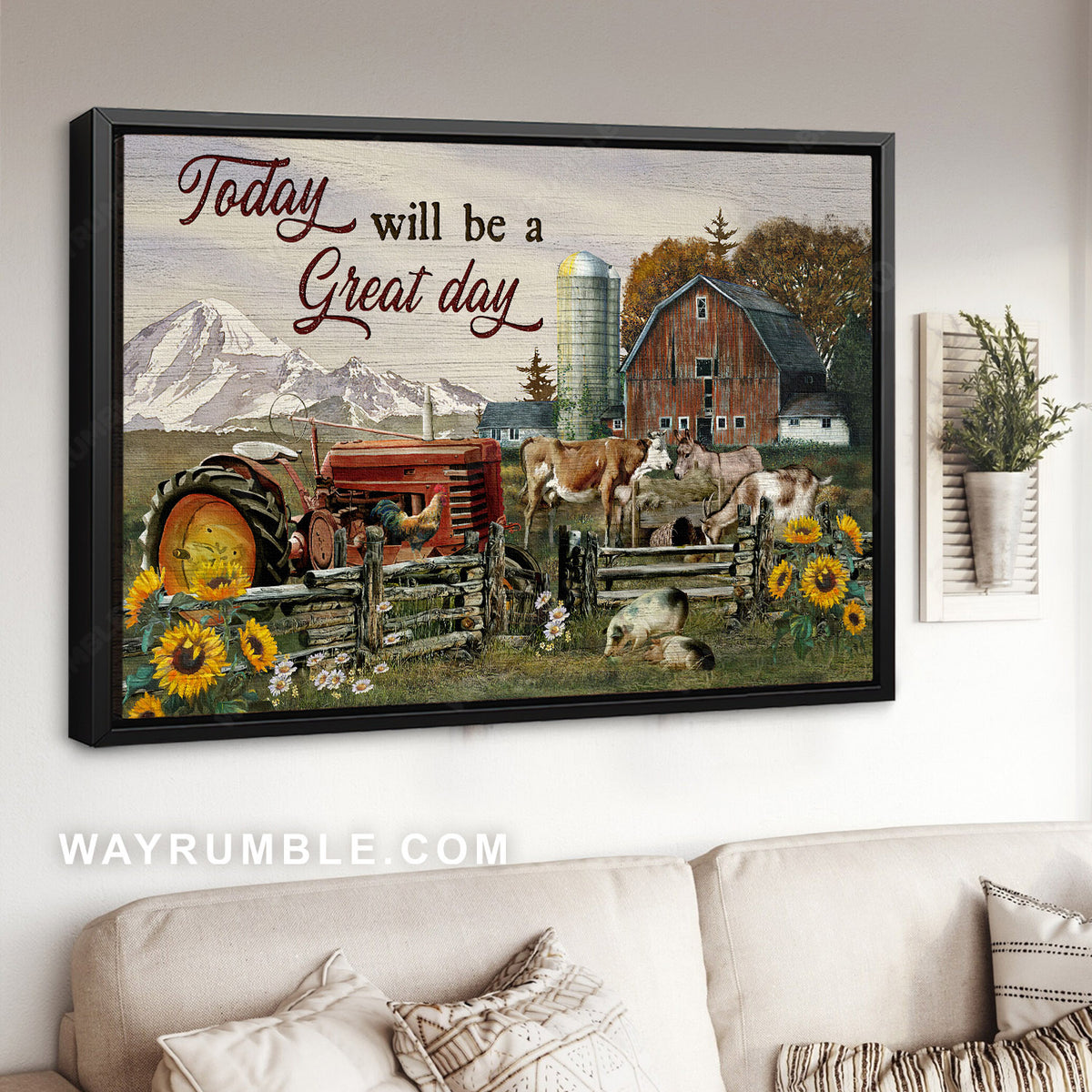 Farm animals, Farmhouse, Sunflower painting, Today will be a great day - Jesus Landscape Canvas Prints, Home Decor Wall Art