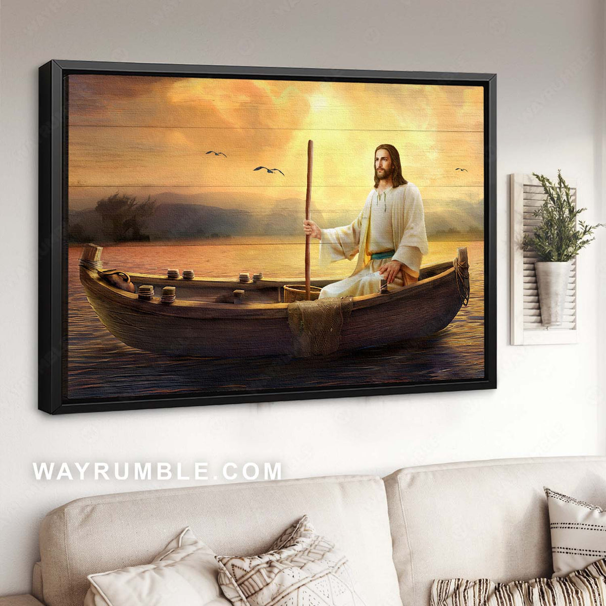 Gorgeous sunrise, Abstract Jesus painting, Jesus boat, On the river - Jesus Landscape Canvas Prints, Christian Wall Art