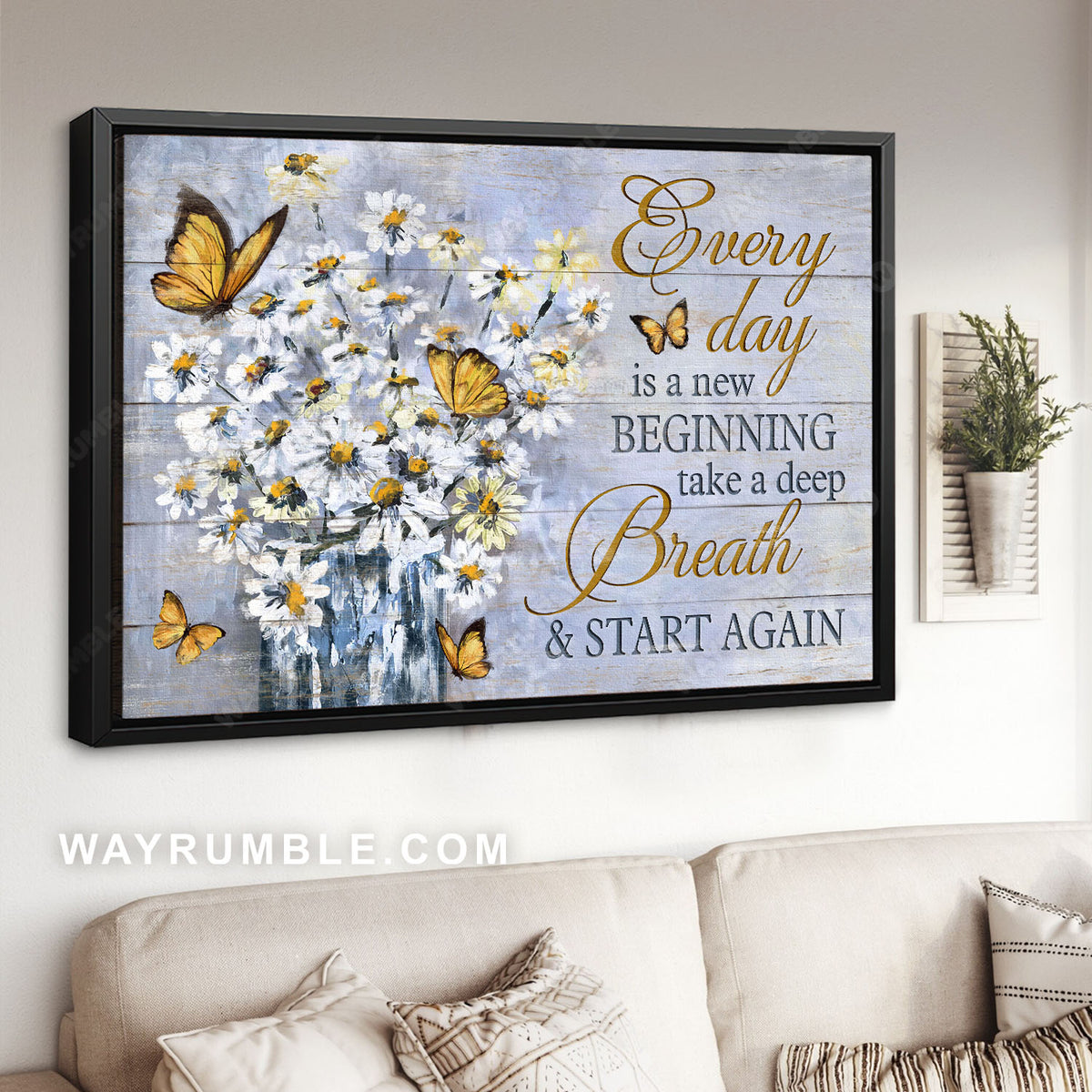 Abstract art, White daisy painting, Yellow butterfly, Every day is a new beginning - Jesus Landscape Canvas Prints, Home Decor Wall Art