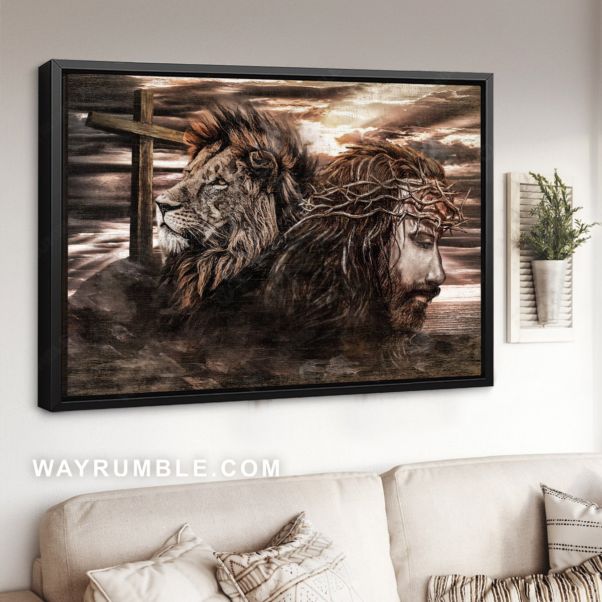 Awesome lion head, Lion of Judah, Jesus painting, Wooden cross on hill - Jesus Landscape Canvas Prints, Christian Wall Art