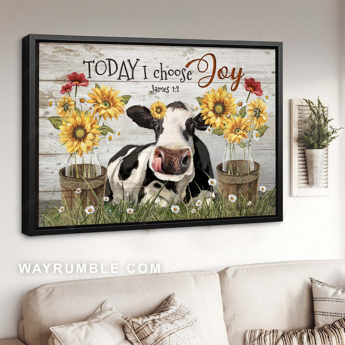 Cute dairy cow, Sunflower jar, Rustic daisy garden, Today I choose joy - Jesus Landscape Canvas Prints, Home Decor Wall Art