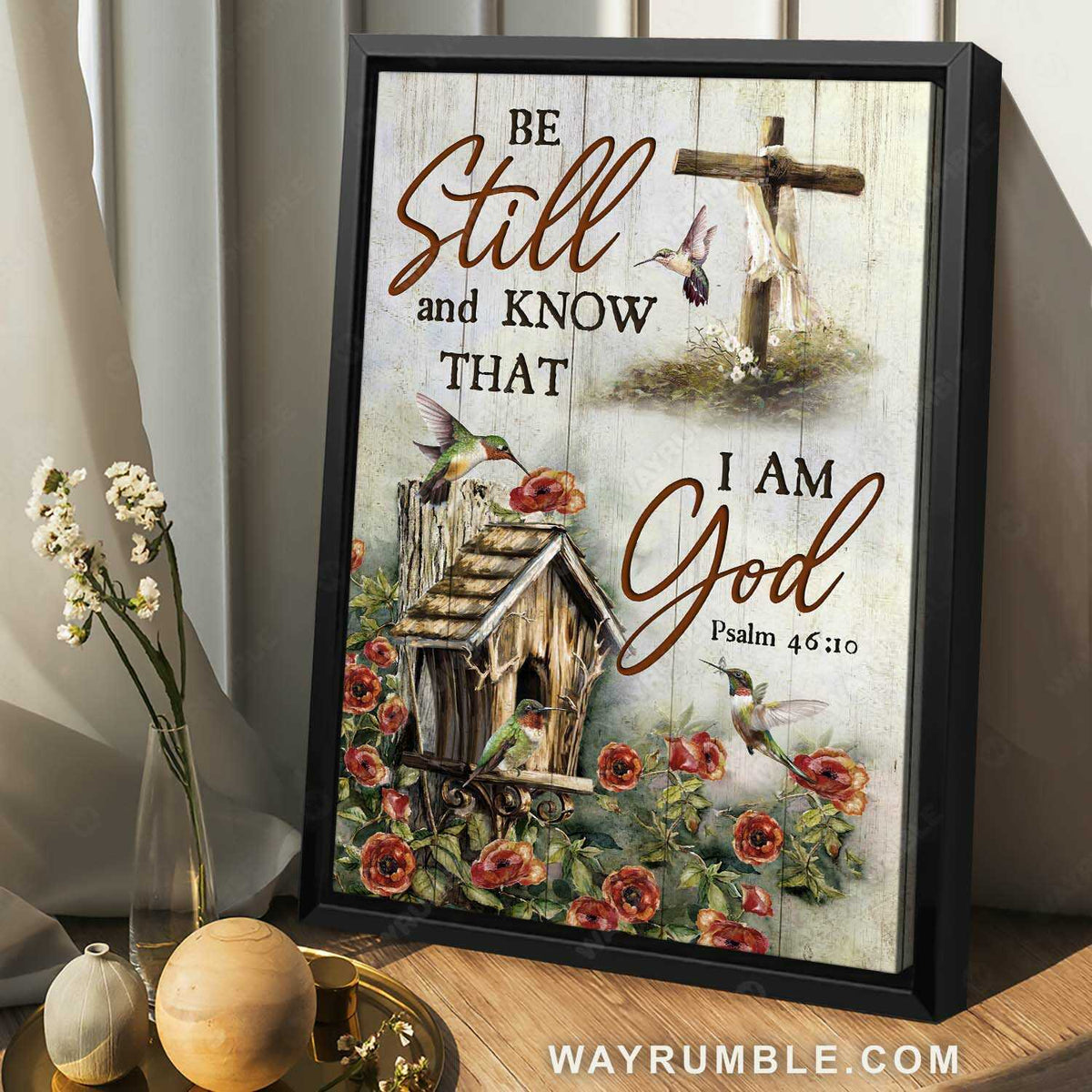 Hummingbird painting, Rustic garden, Red flower, Be still and know that I am God - Jesus Portrait Canvas Prints, Home Decor Wall Art